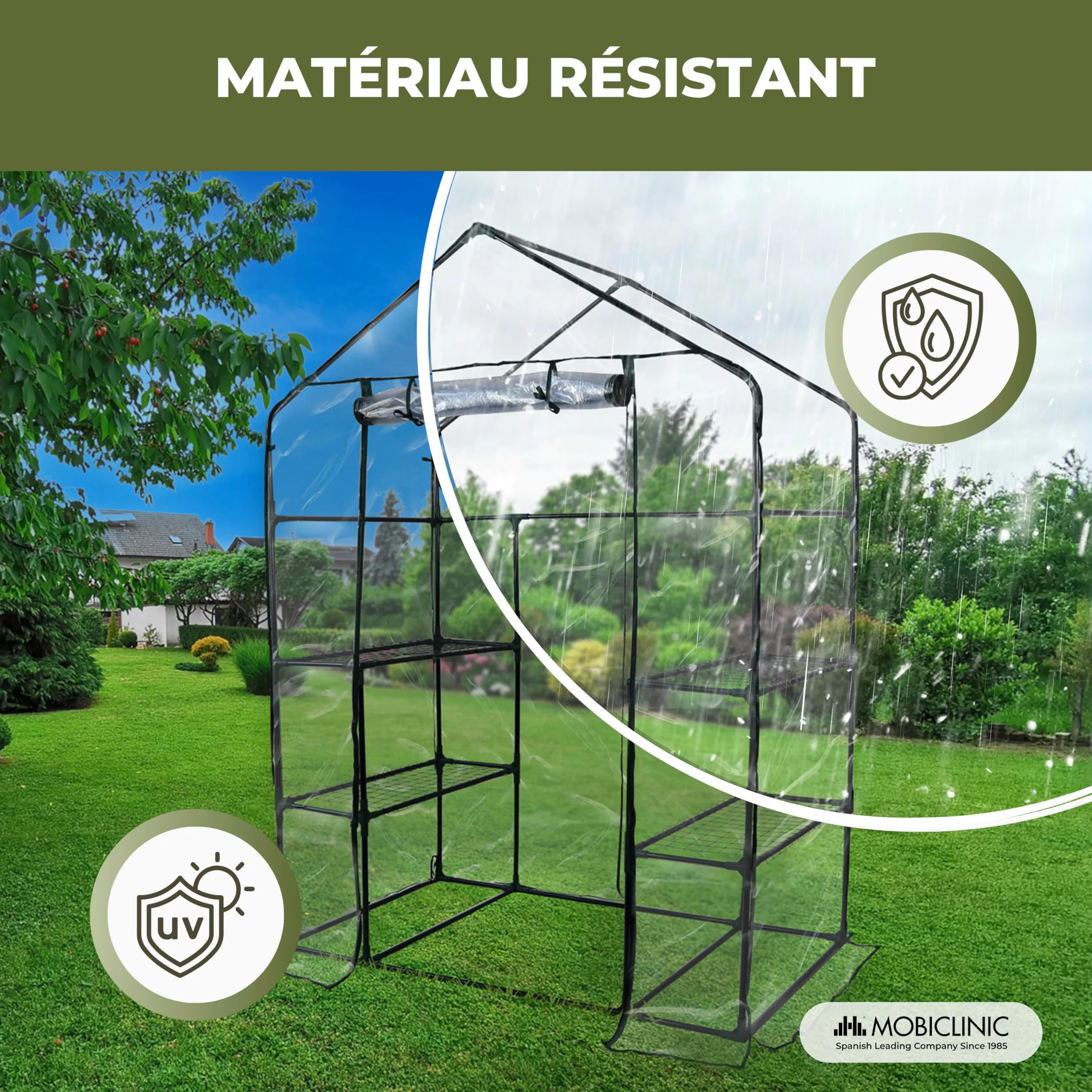 Mobiclinic®, Serre de Jardin, 143 x 73 x 195cm, Couverture en PVC et Porte Enroulable, 4 Étagères, Étanche, Home Grow, Pépinière Maison, Fixation Sécurisée, Idéal pour la Culture, Rustique