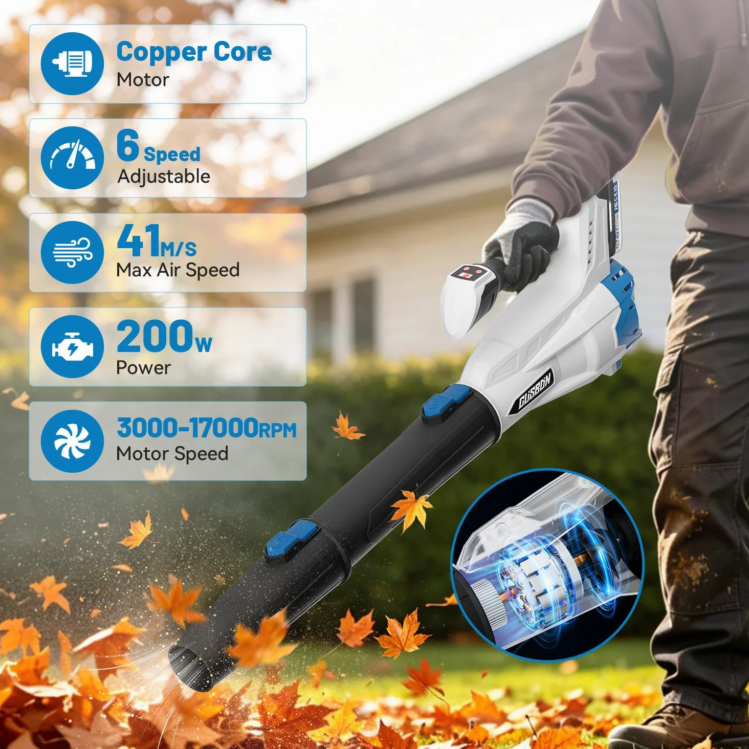 Souffleur Brushless CUSBON, Souffleur avec batterie 2 x 2,0 Ah et chargeur