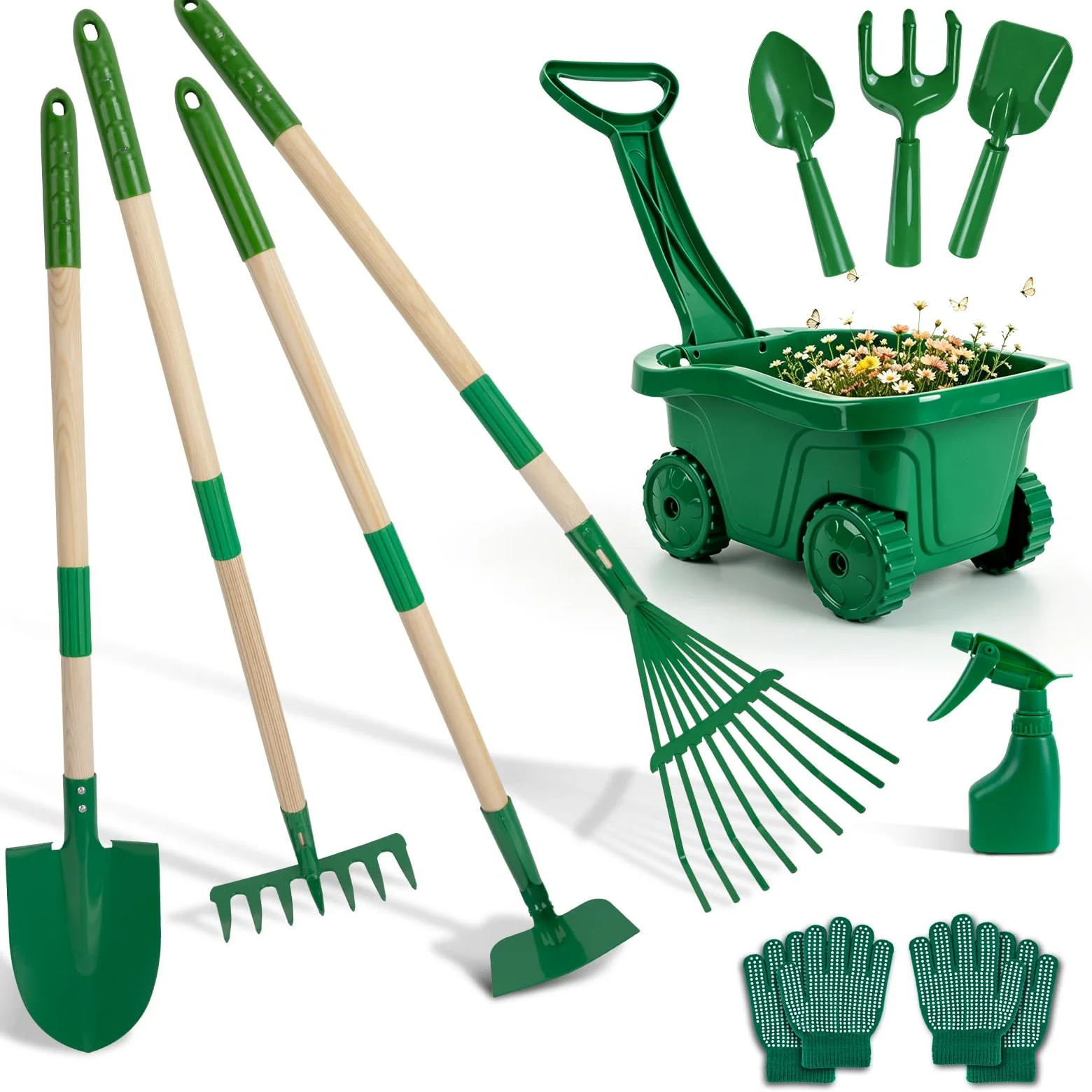 Outils Jardinage Enfant 3 Ans - 11 Kit Exterieur Jardin Brouette | set jardinage enfant, robuste, portable, métallique, bois, usage jardin, plage, neige, jouet cadeau jeux pour enfant