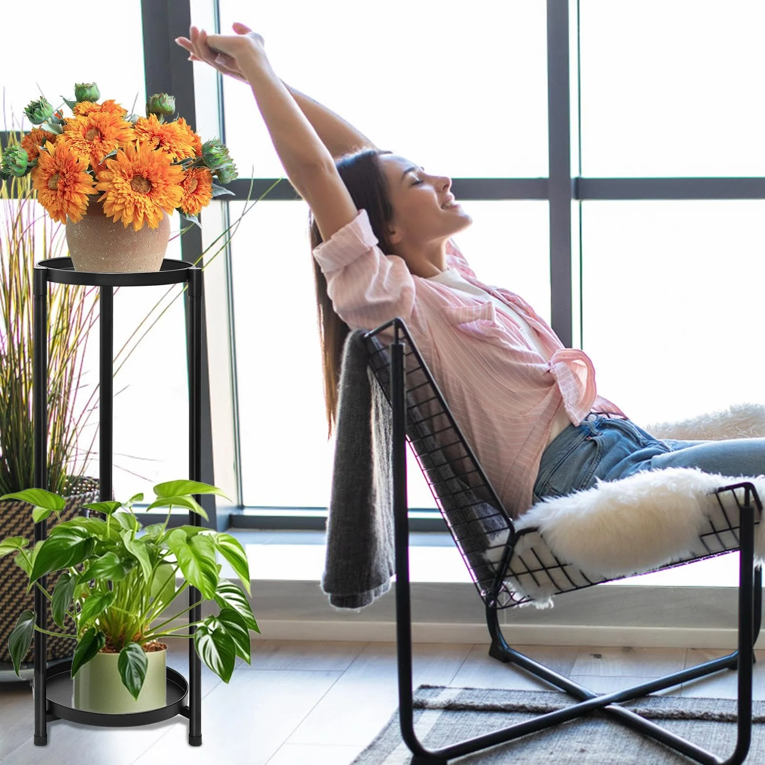 Porte plante interieur étagère 2 niveaux métal, Support pot fleurs maison balcon jardin