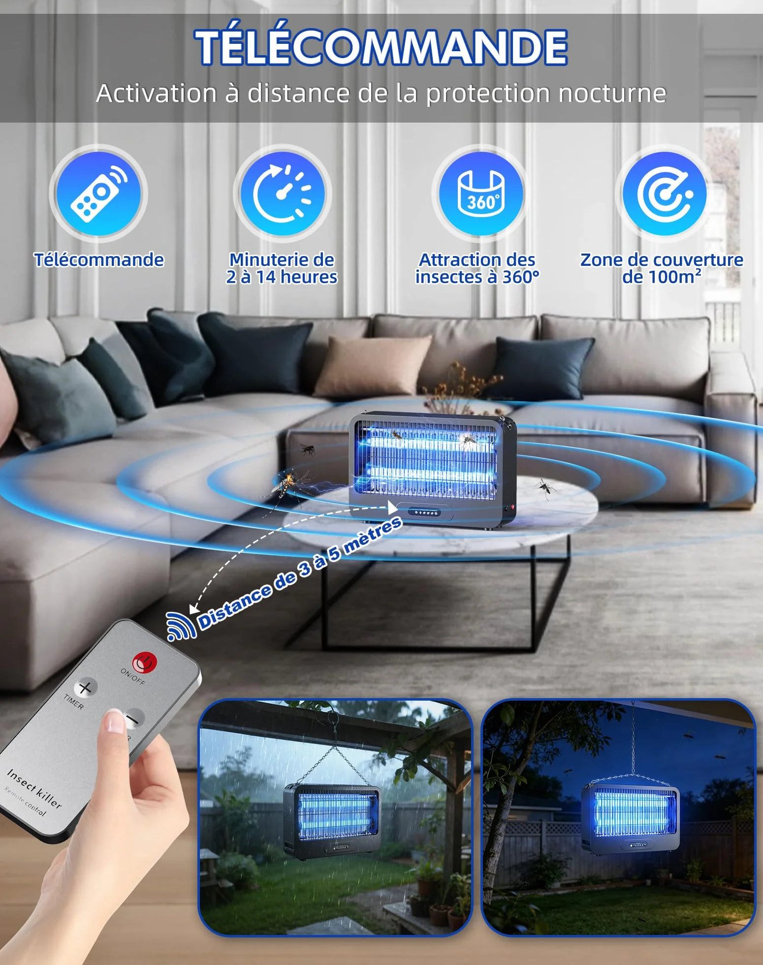 Lampe Anti Moustique 3500V UV 20W Tue Mouche Électrique avec Chaîne Métallique Télécommande Intérieur Extérieur 100m²