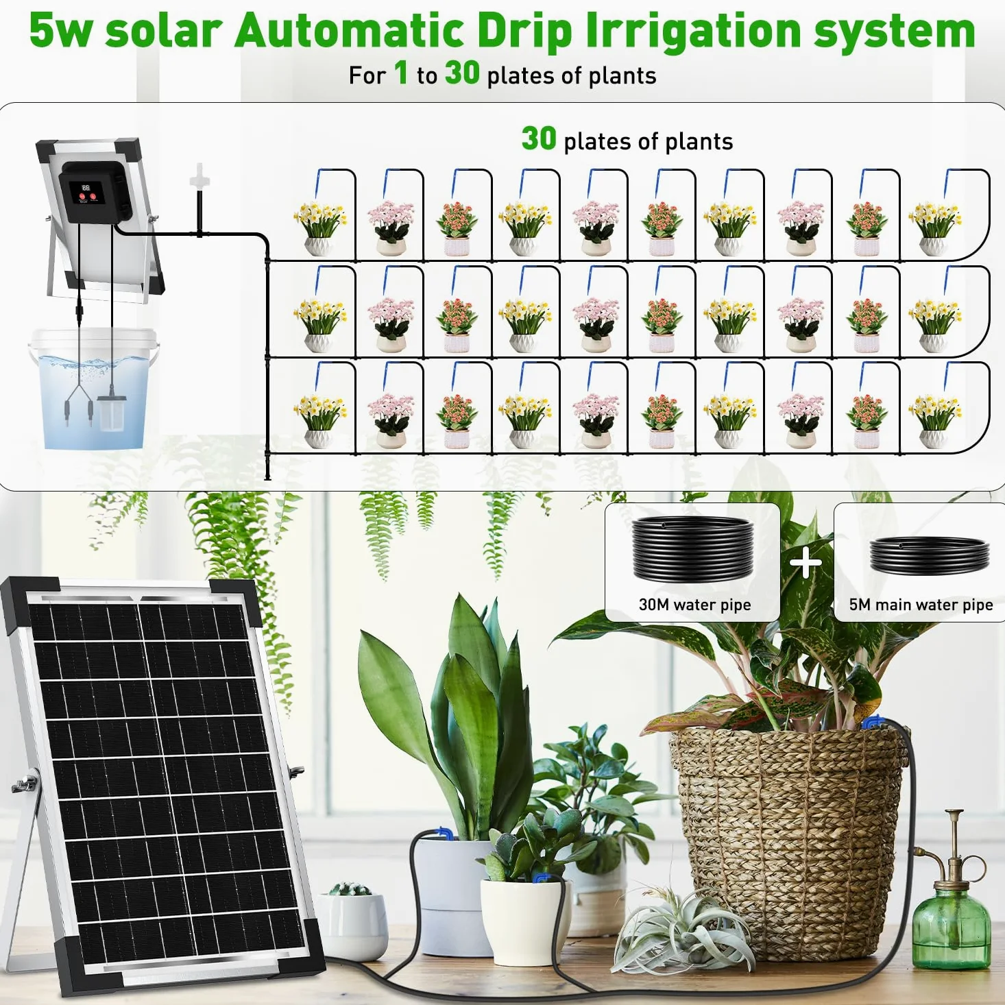 Onherm Arrosage Automatique Solaire pour 30 Plantes, 35M Tuyau et 300 Modes D’Irrigatio, Arrosage Goutte a Goutte Solaire Kit pour Jardin, Balcon et Plantes en Extérieur