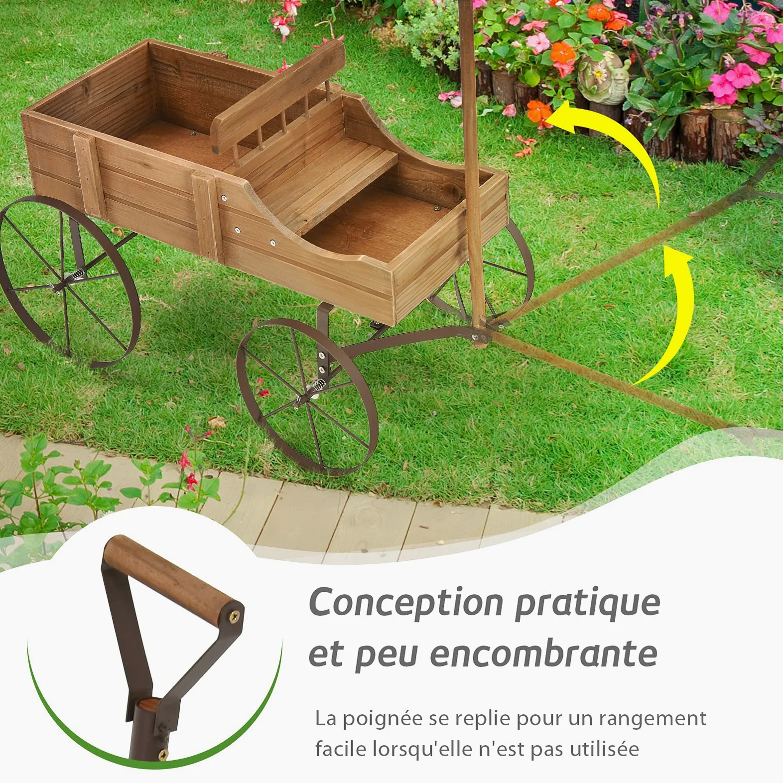 RELAX4LIFE Brouette Décorative en Bois avec 4 Roues en Métal, Chariot à Fleurs avec Capacité de Charge Jusqu'à 15 kg, Bac à Fleurs pour Jardin Balcon Terrasse (Marron)