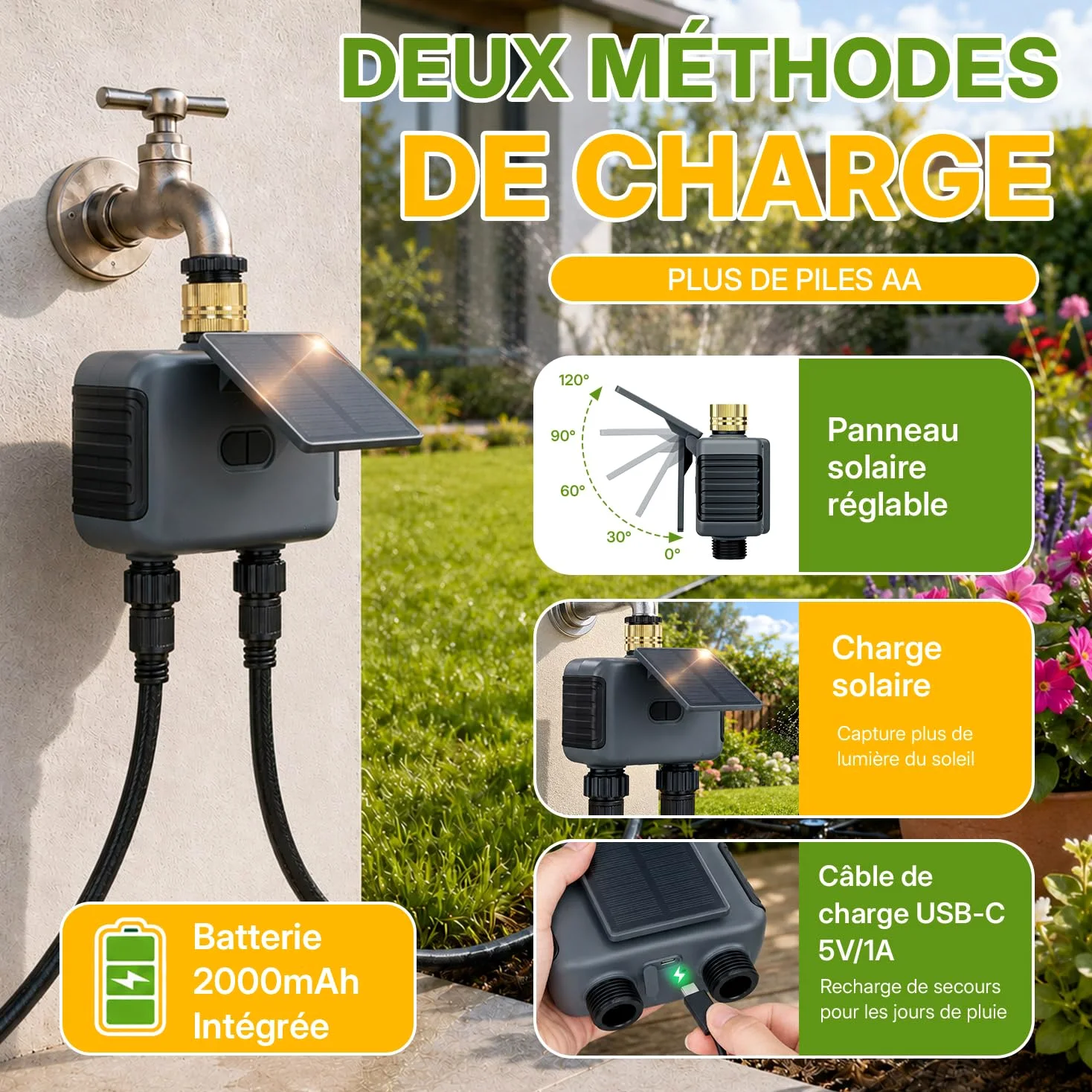 Mcbazel Programmateur d’Arrosage Automatique WiFi à 2 Sorties pour Jardin et Pelouse, avec Panneau Solaire Rechargeable, Conception Étanche IP55, Compatible Application Smart Life et Assistants Vocaux