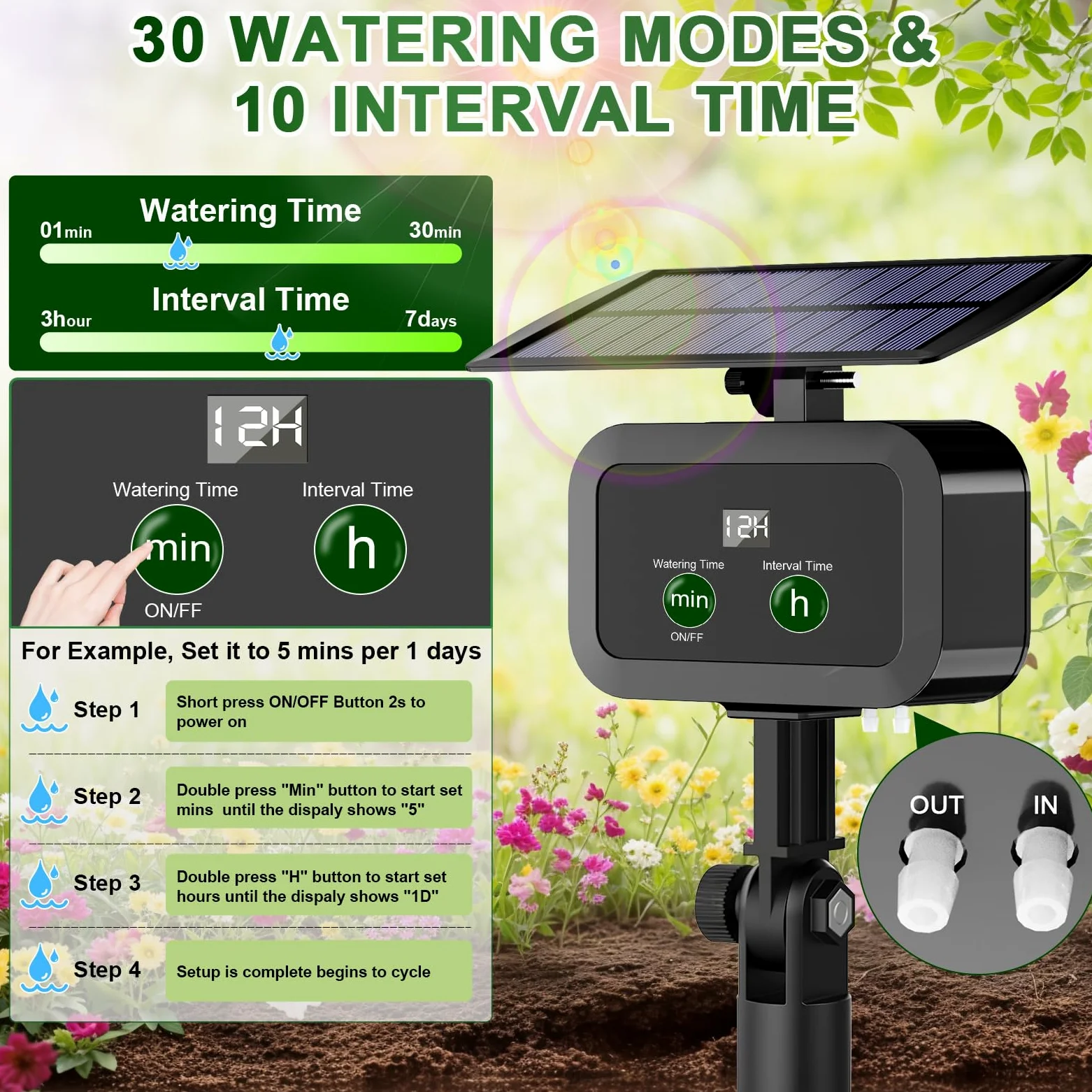 Kit de système d'irrigation goutte à goutte solaire, système d'arrosage automatique avec 30 modes de fonctionnement et 10 intervalles d'arrosage prend en charge 15 plantes en pot, kit d'irrigation