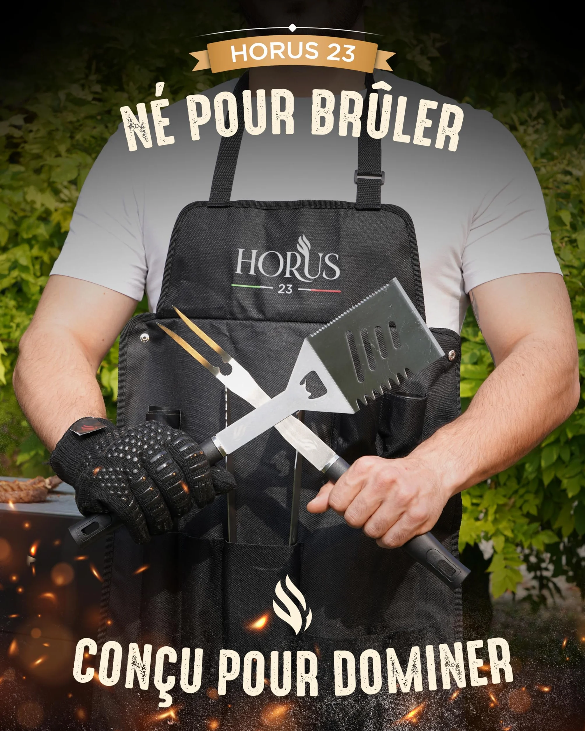 HORUS 23® Kit Barbecue Professionnel Acier INOX avec Tablier Gant Accessoires BBQ