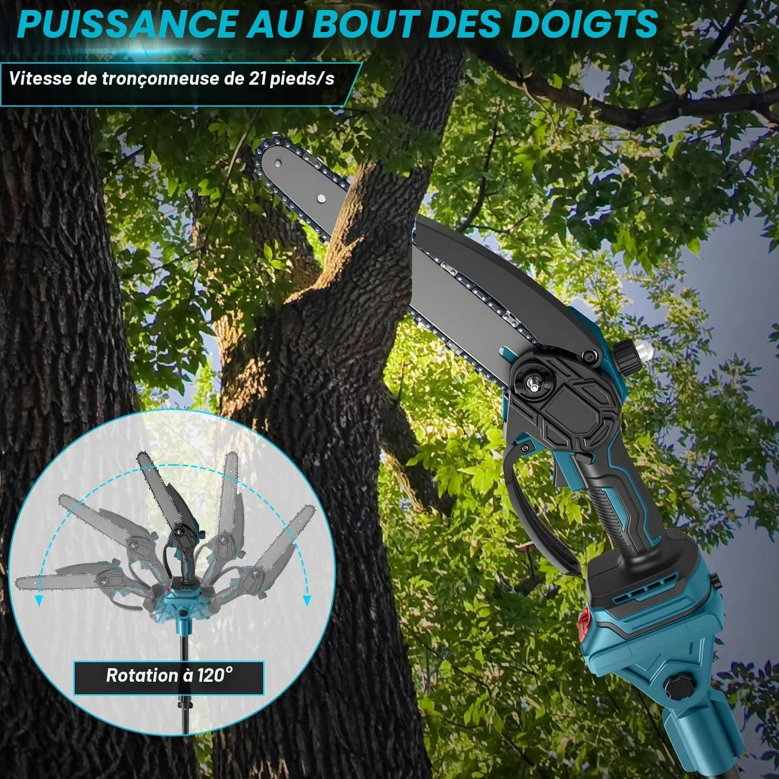 Scie à chaîne miniature de 8 pouces avec perche télescopique & élagueuse électrique 28 mm, set de jardin 4-en-1 compatible avec batterie Makita, portée maximale jusqu'à 4m (batterie non incluse)