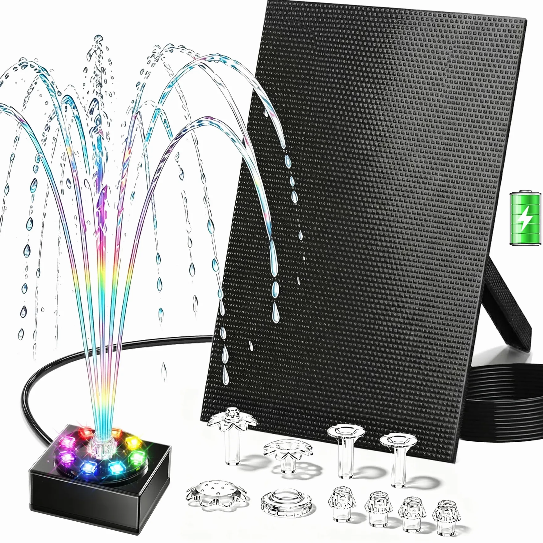 Pompe de bassin solaire 8W avec batterie 1800mAh – Fontaine solaire pour l’extérieur, idéale pour bain d’oiseau, petit bassin et jeu d’eau – 10 styles de jet et 8 LED colorées