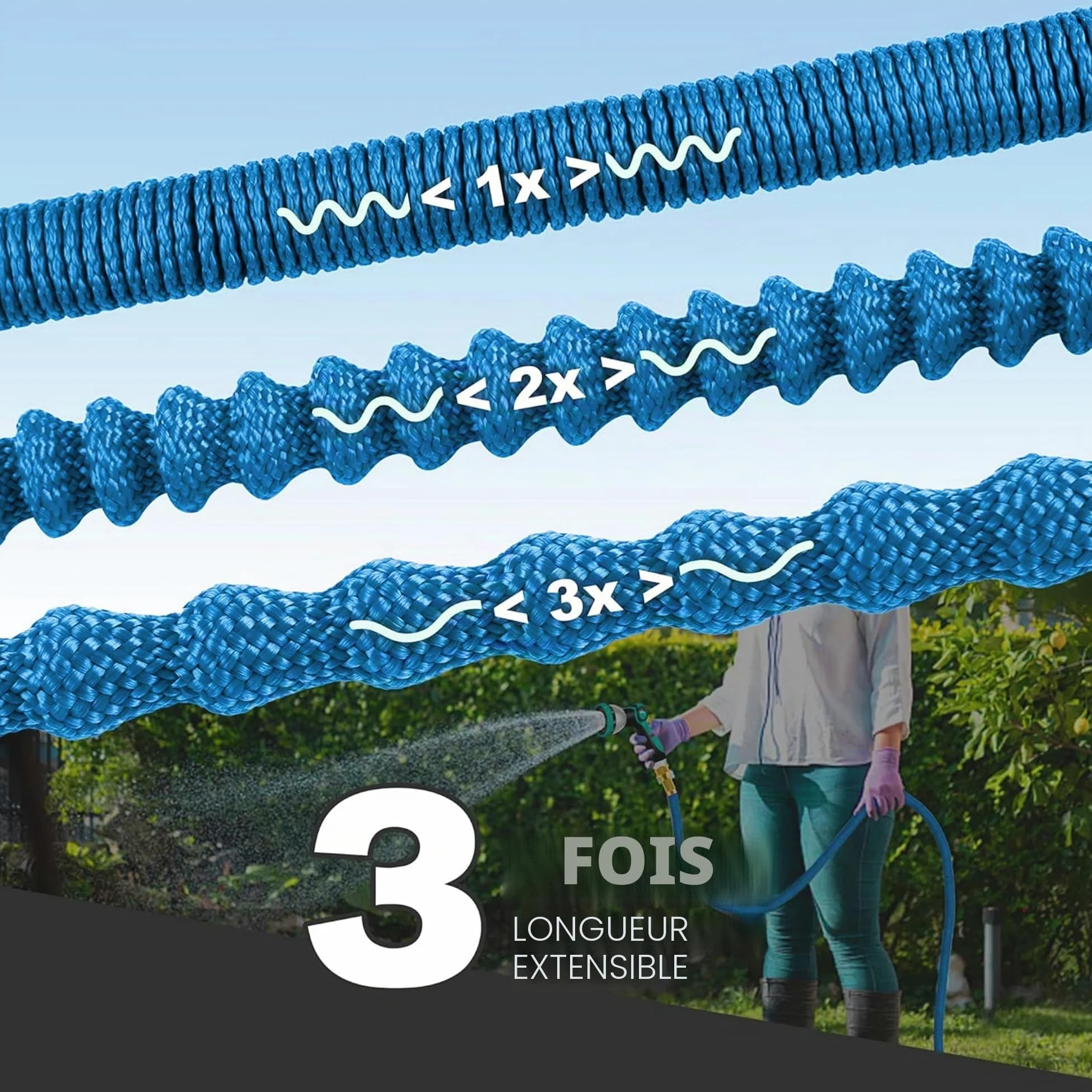 Expandable Garden - Tuyau d'eau flexible avec tissu - 75FT/22.5m-avec buse de pulvérisation à 10 motifs, tuyau de tuyau rétractable résistant aux fuites, connecteur en alliage de laiton, sans kink