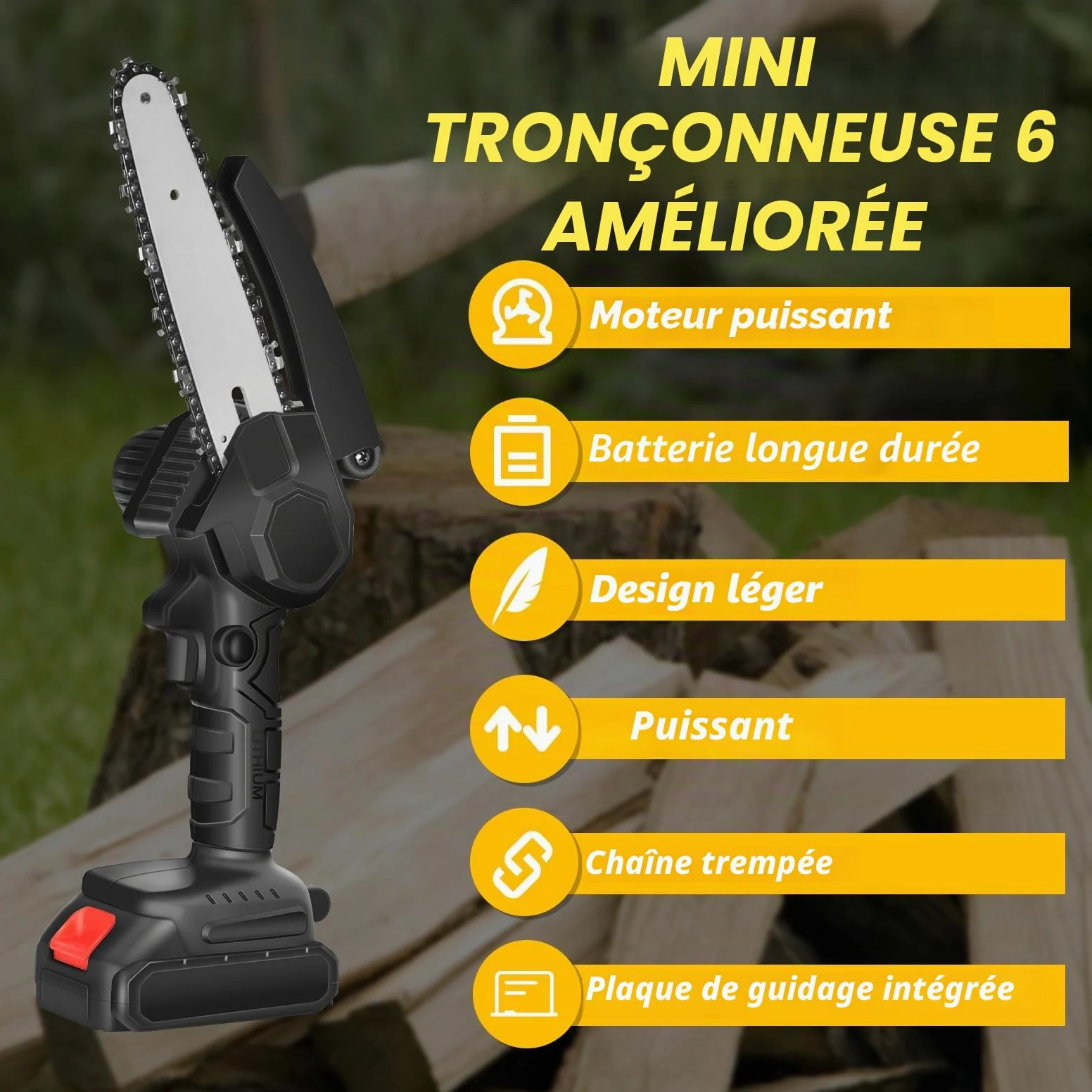 AIOMEST Mini Tronçonneuse à Batterie 6 Pouces, Sans Fil pour Élagage | 2 batteries 4000mAh, 2 chaînes incluses, tension de chaîne sans outil, légère scie à chaîne électrique, pour coupe de branche