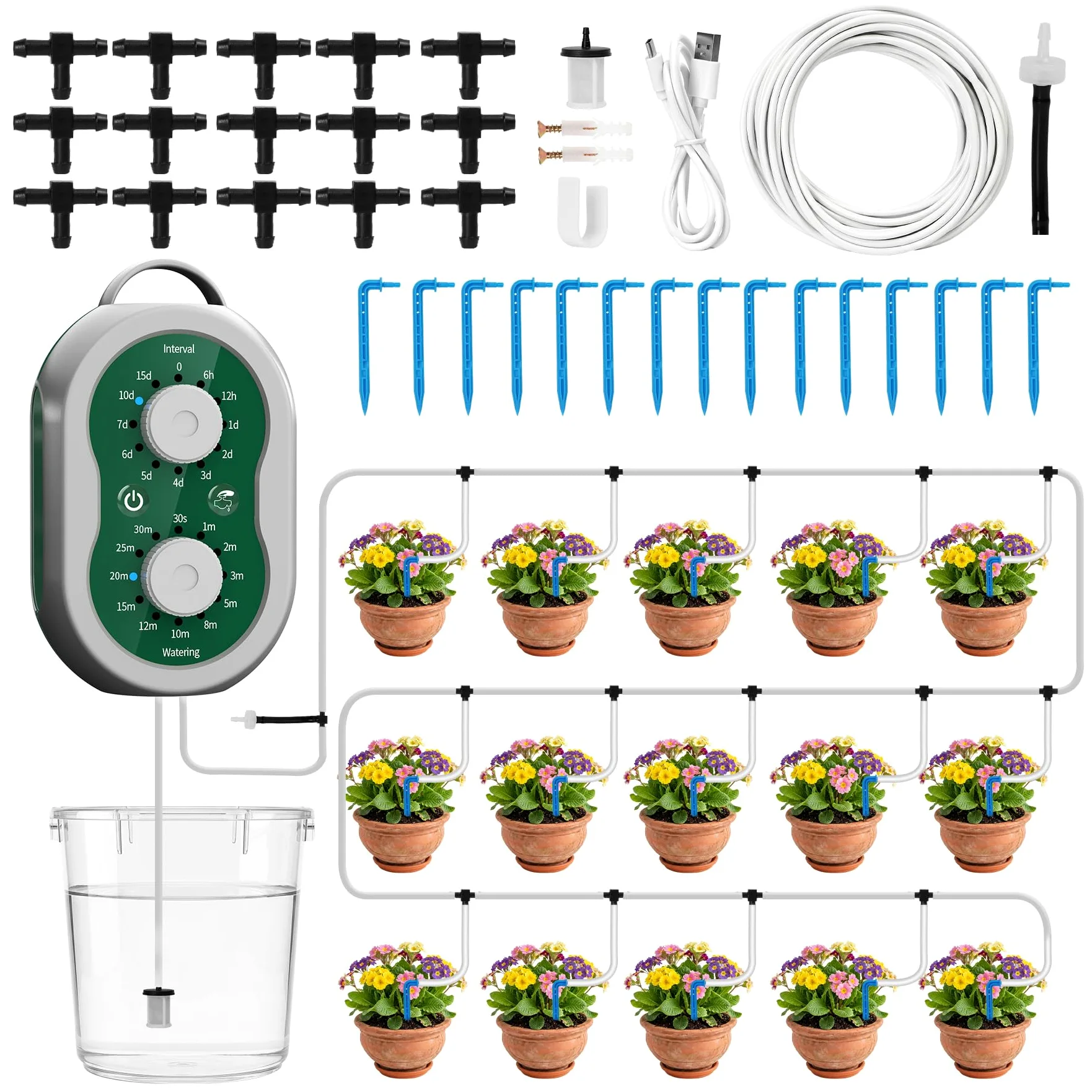Système d'Arrosage Automatique Interieur Rechargeable Kit Arrosage Goutte à Goutte pour 15 Plantes en Pot Système d'Irrigation d'Intérieur pour Interieur, Balcons, Serre, Jardin