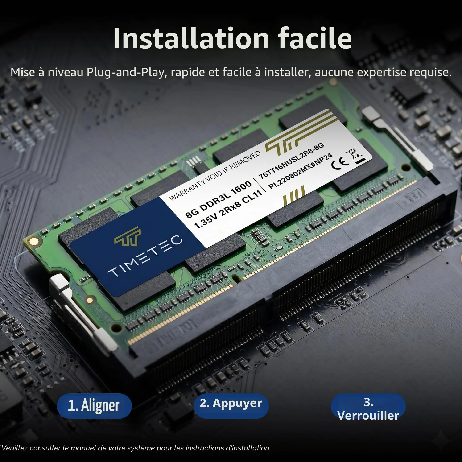 Timetec 8 Go DDR3L 1600MHz PC3-12800 Non-ECC SODIMM RAM Module pour ordinateur portable