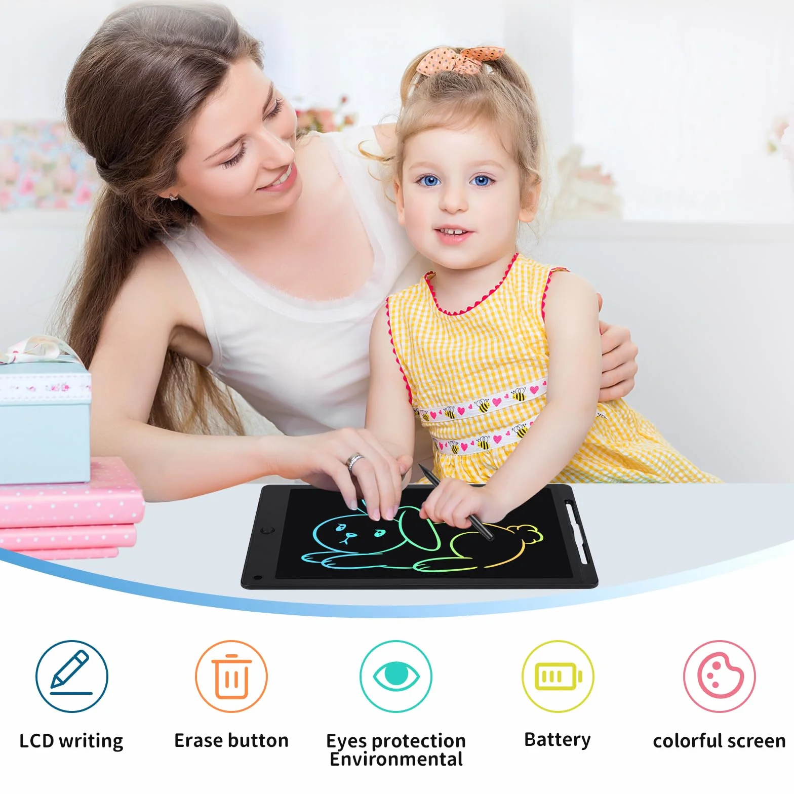 Tablette Dessin Enfant 13 Pouces Écriture LCD avec Bouton Suppression Verrouillage Noir