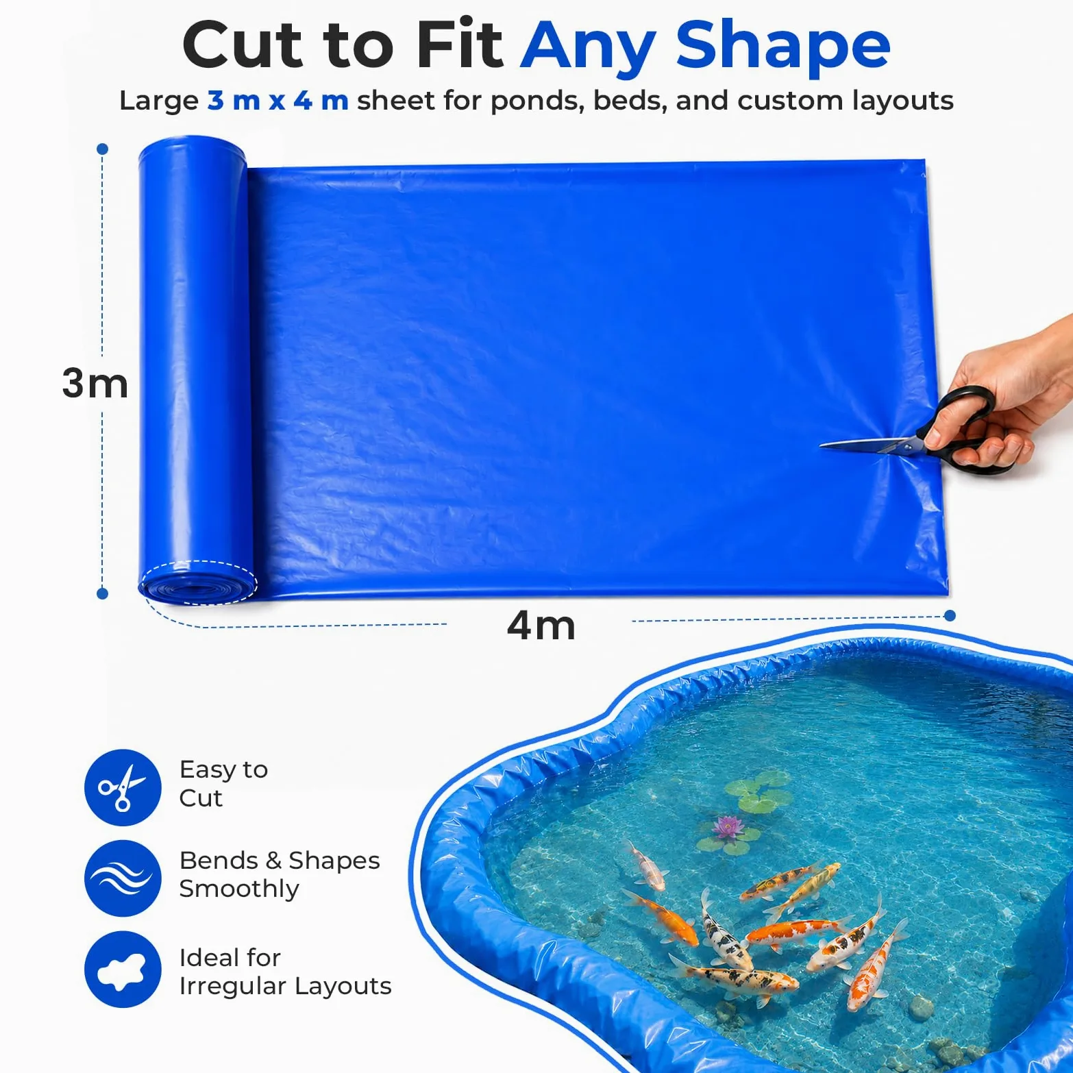 3x4m Bache Bassin, HDPE Bâche Bassin Extérieur 0.3mm Epaisseur | Liner Bassin pour Bassins à Poissons, Bassins à Tortues, Fontaines, Bassins D'irrigation, Parterres de Fleurs Surélevés