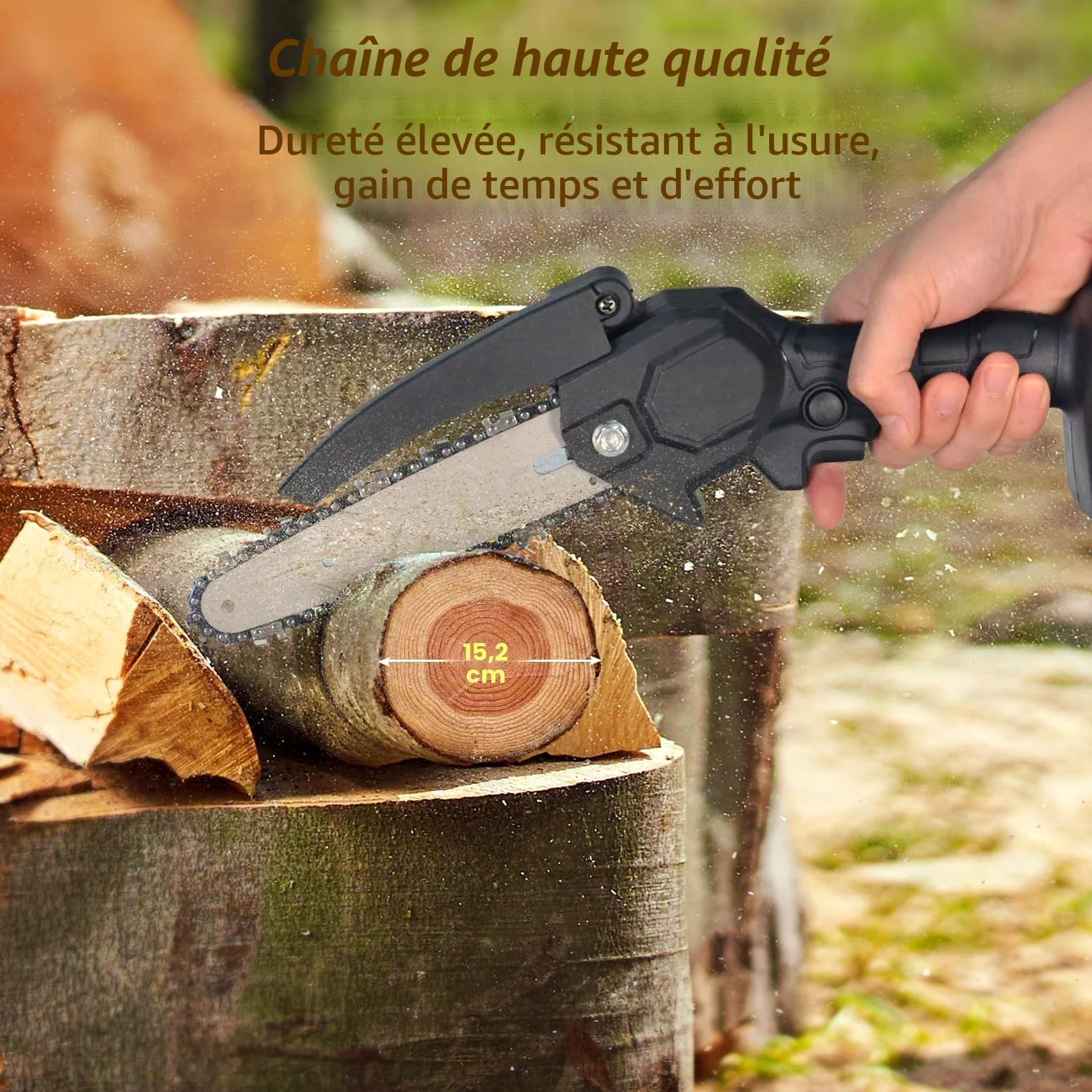 AIOMEST Mini Tronçonneuse à Batterie 6 Pouces, Sans Fil pour Élagage | 2 batteries 4000mAh, 2 chaînes incluses, tension de chaîne sans outil, légère scie à chaîne électrique, pour coupe de branche