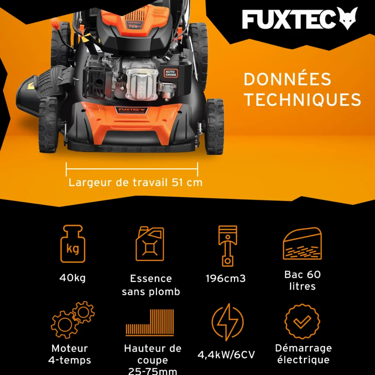 FUXTEC 4en1 Tondeuse Thermique Démarrage Électrique FX-RM5196eS - Largeur de Coupe 51cm, Système autotracté, Fonction Mulching, Réglage Central de la Hauteur de Coupe, 60L Bac de ramassage