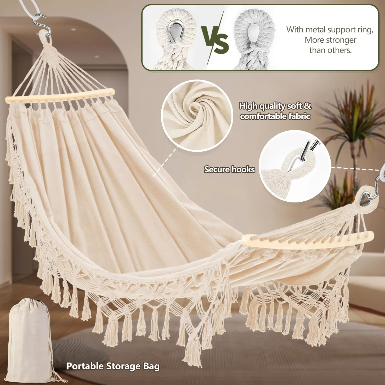Fauteuil Suspendu Hamac Exterieur, Hamac Suspendu Chaise Hamac Bohème avec Sac de Rangement,Balançoire Suspendue Charge Max 440 lbs, Fauteuil Jardin Coton Toile Hamac Camping Patio (Beige)