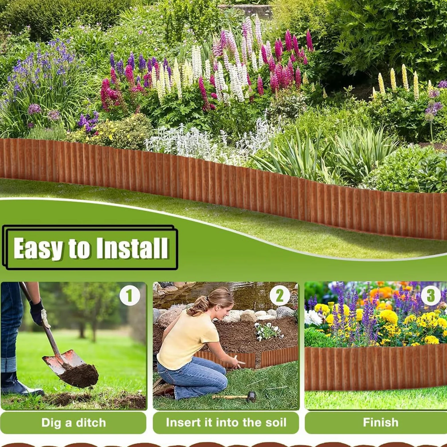 Bordure de pelouse en métal - 10 m x 14,5 cm de haut - En acier Corten - Aspect rouille - Bordure de parterre pour bricolage - Avec 1 paire de gants - Bordure de pelouse en métal galvanisé pour jardin