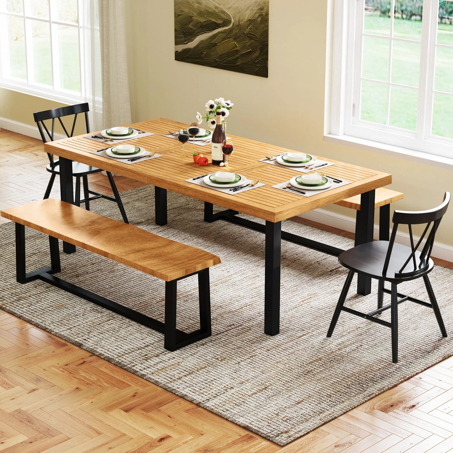 GOPLUS Table de Salle à Manger en Bois d'Acacia FSC 200 x 100 x 75 cm pour 8 Personnes avec Trou pour Parasol