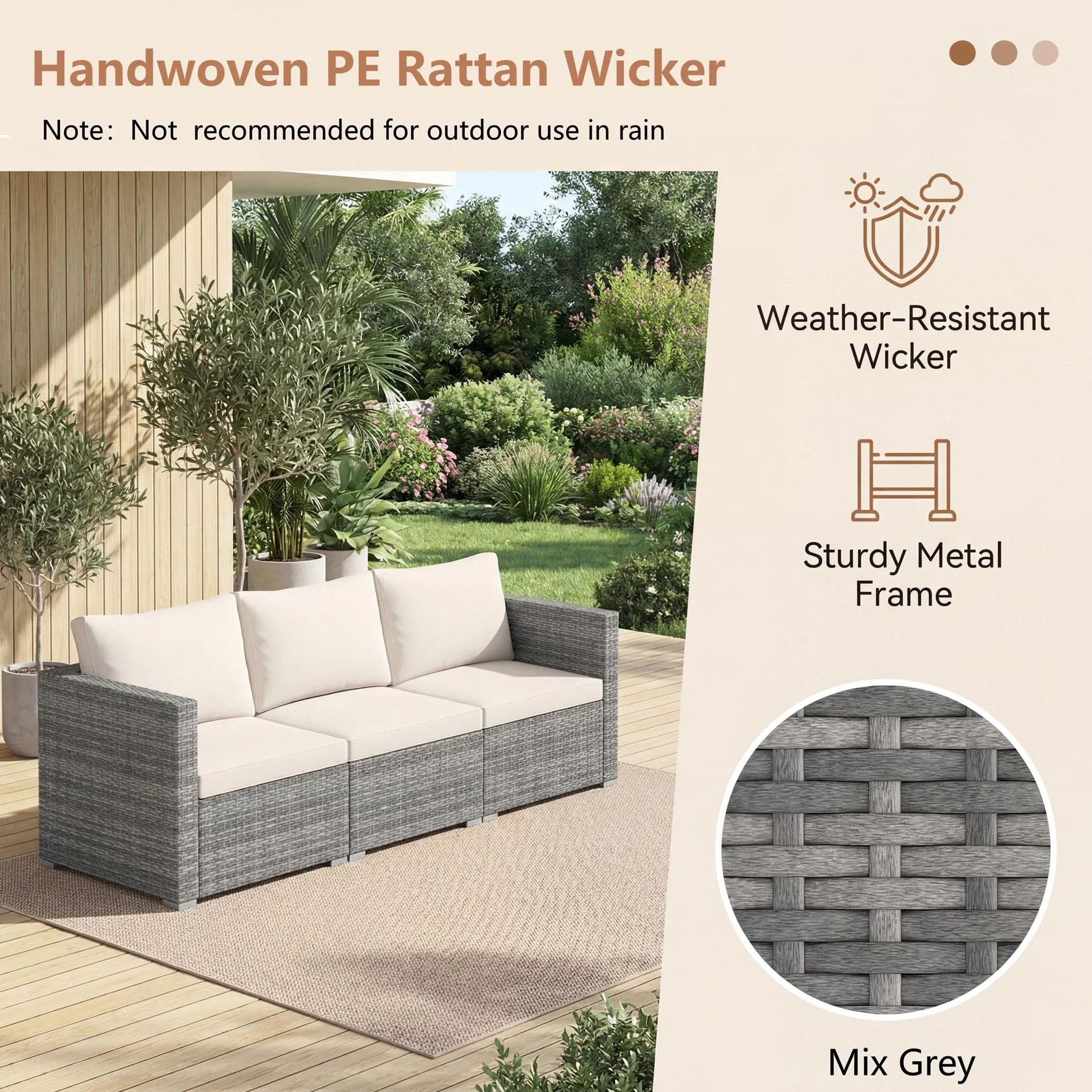 LIFEZEAL Canapé de Jardin 3 Places Rotin PE Charge 540 KG Modulable Beige