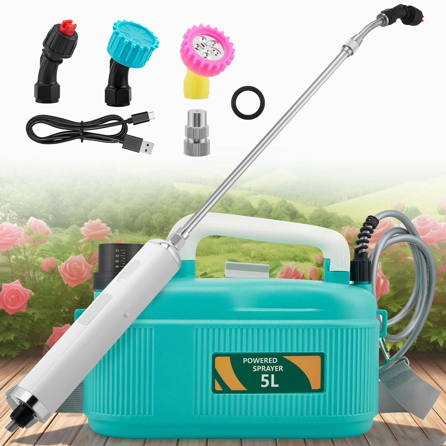 Pulvérisateur Électrique 5L sur Batterie - Atomiseur Jardin avec 3 Buses Réglables & Batterie 4000mAh - Télescopique USB Rechargeable pour Désherbant et Engrais