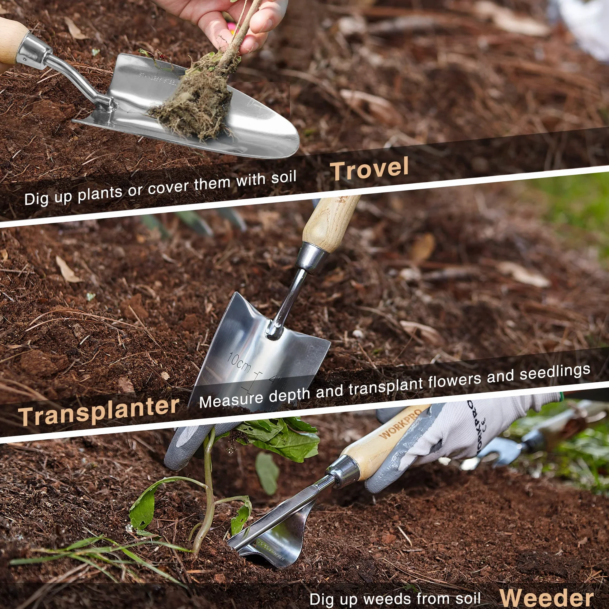WORKPRO Ensemble d'Outils de Jardinage Rose 8 Pièces en Acier Inoxydable | Poignées en Bois, avec Sécateur, Gants, Sarcloir, Griffe, Fourche, Pelle à Terreau et Transplantoir