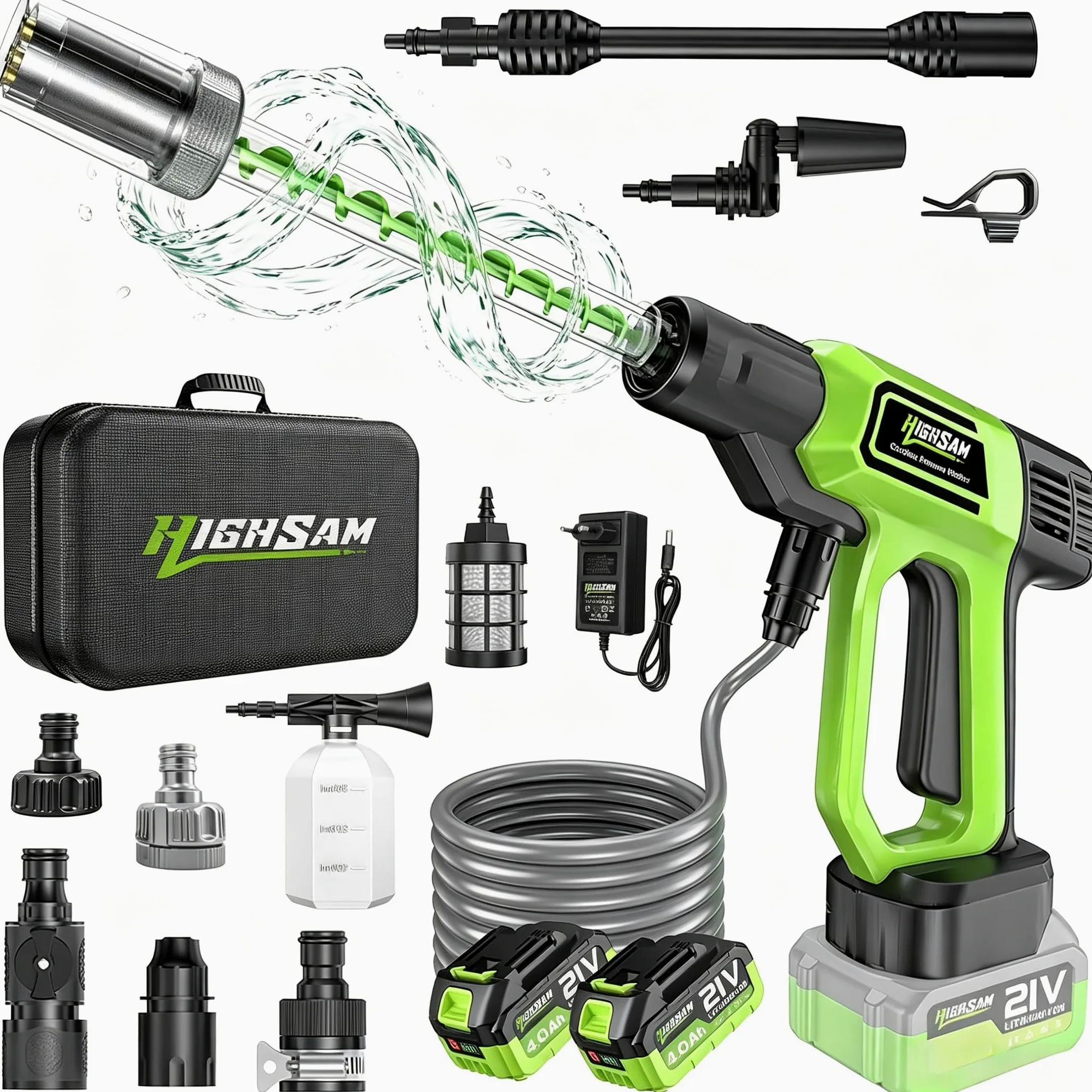 100 Bar Nettoyeur Haute Pression sans Fil avec 2*Batteries 4.0Ah, Moteur sans Balais, Mode 3 Vitesses, Nettoyeur Haute Pression avec Pompe, buse 5 en 1 pivotante à 180°, Tuyau de 5 m