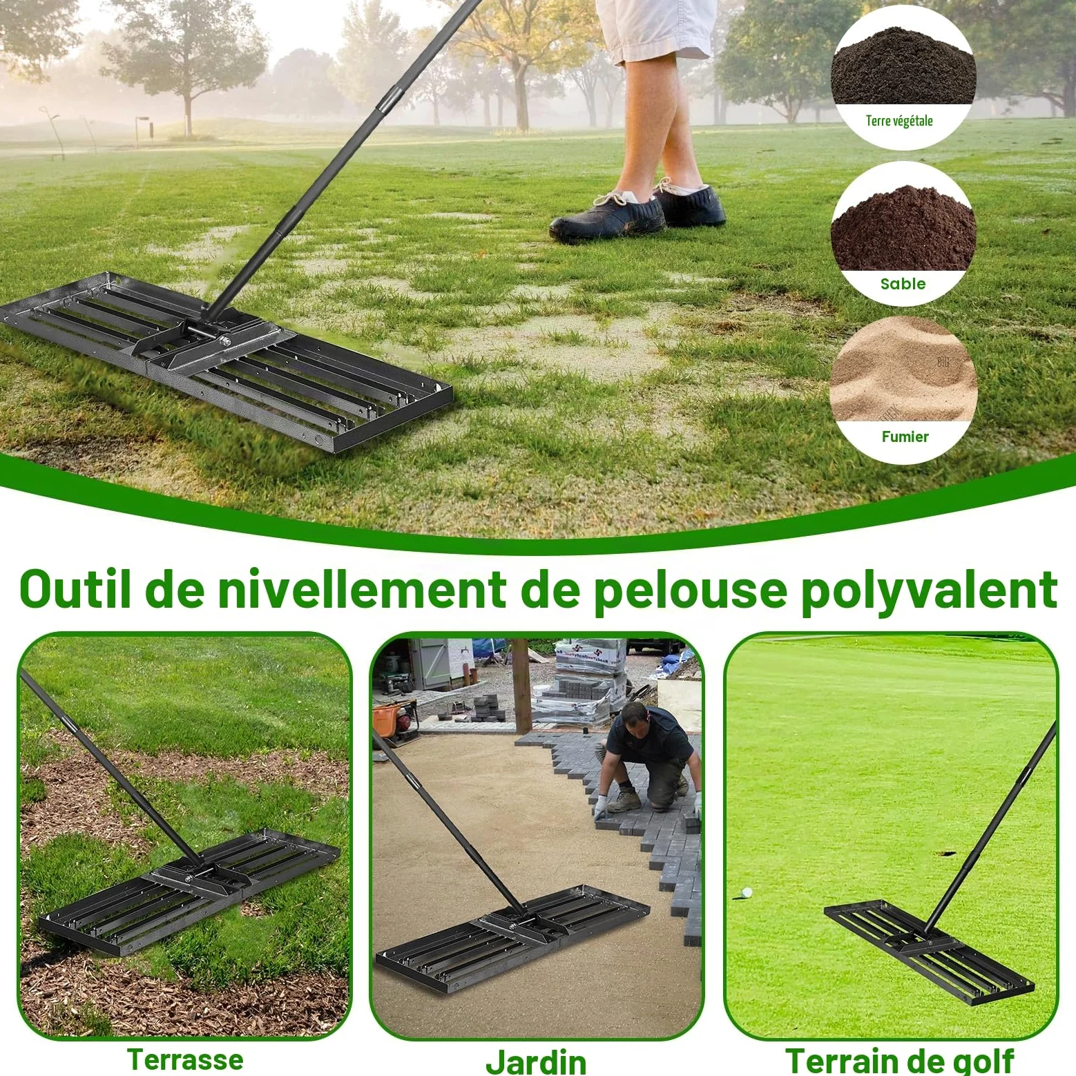 Râteau niveleur de pelouse 24x87cm,Rateau nivellement Robuste avec Manche réglable de 172,5cm pour niveler la pelouse,Terre,l'herbe et Le Sable dans Les Jardin,Les Cour arrière et Les Terrain de Golf