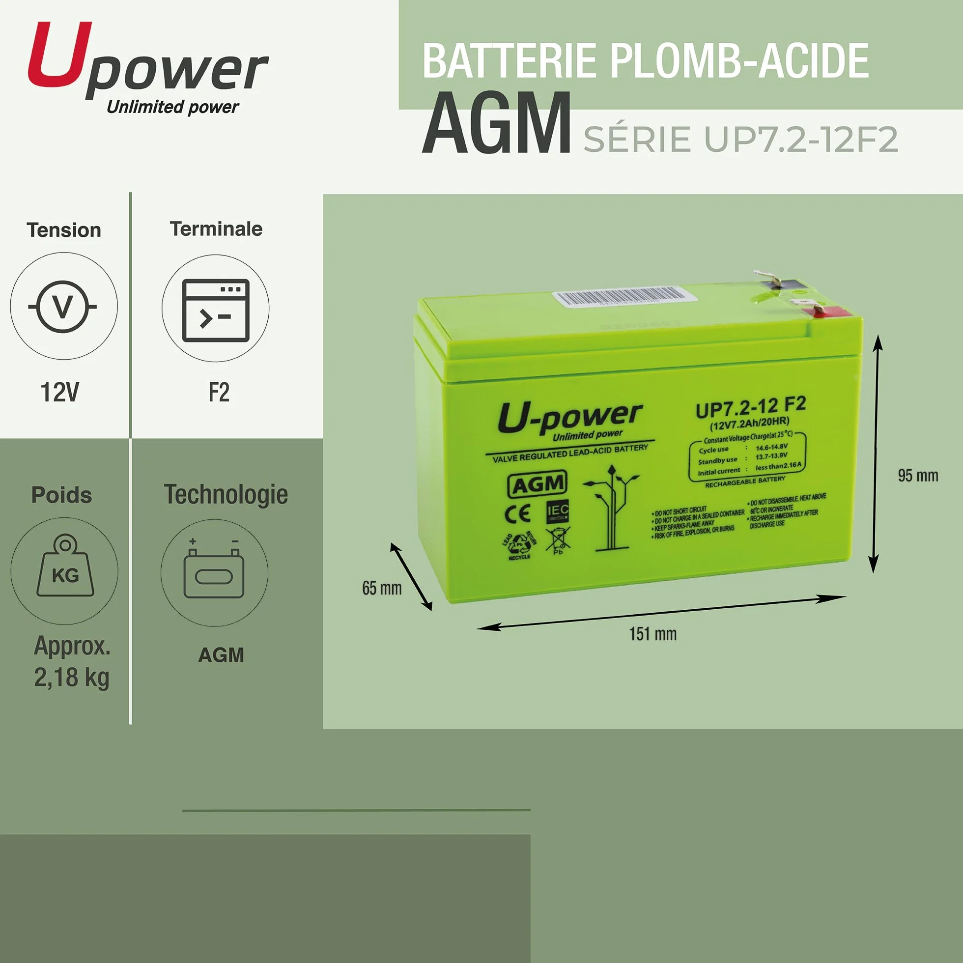 Batería U-Power Plomb AGM 12V 7.2Ah F2 6,3mm