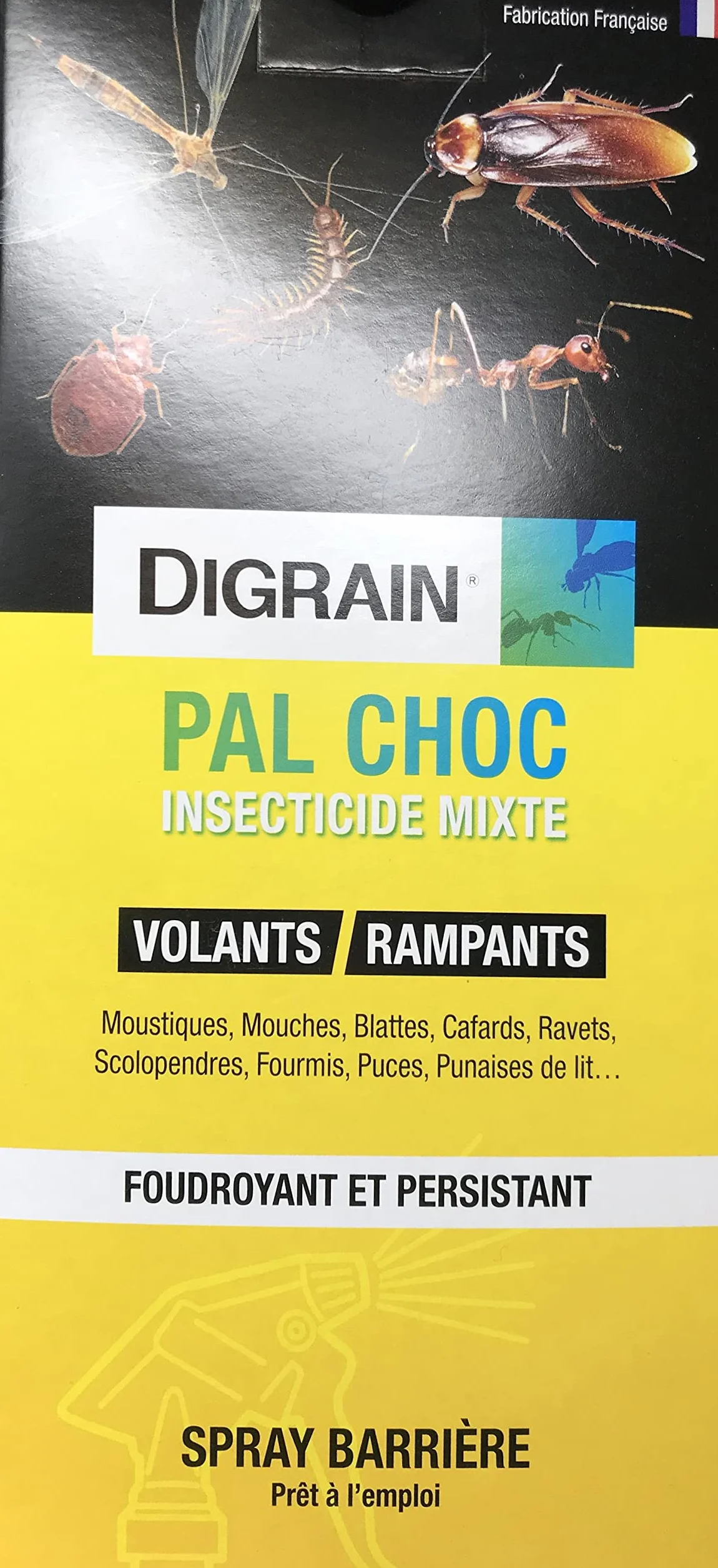 Digrain Toutpratique Anti Cafard Choc Spray Insecticide 500 ML Contre Cafards Moustiques Mouches Blattes Fourmis Puces Punaises de Lit