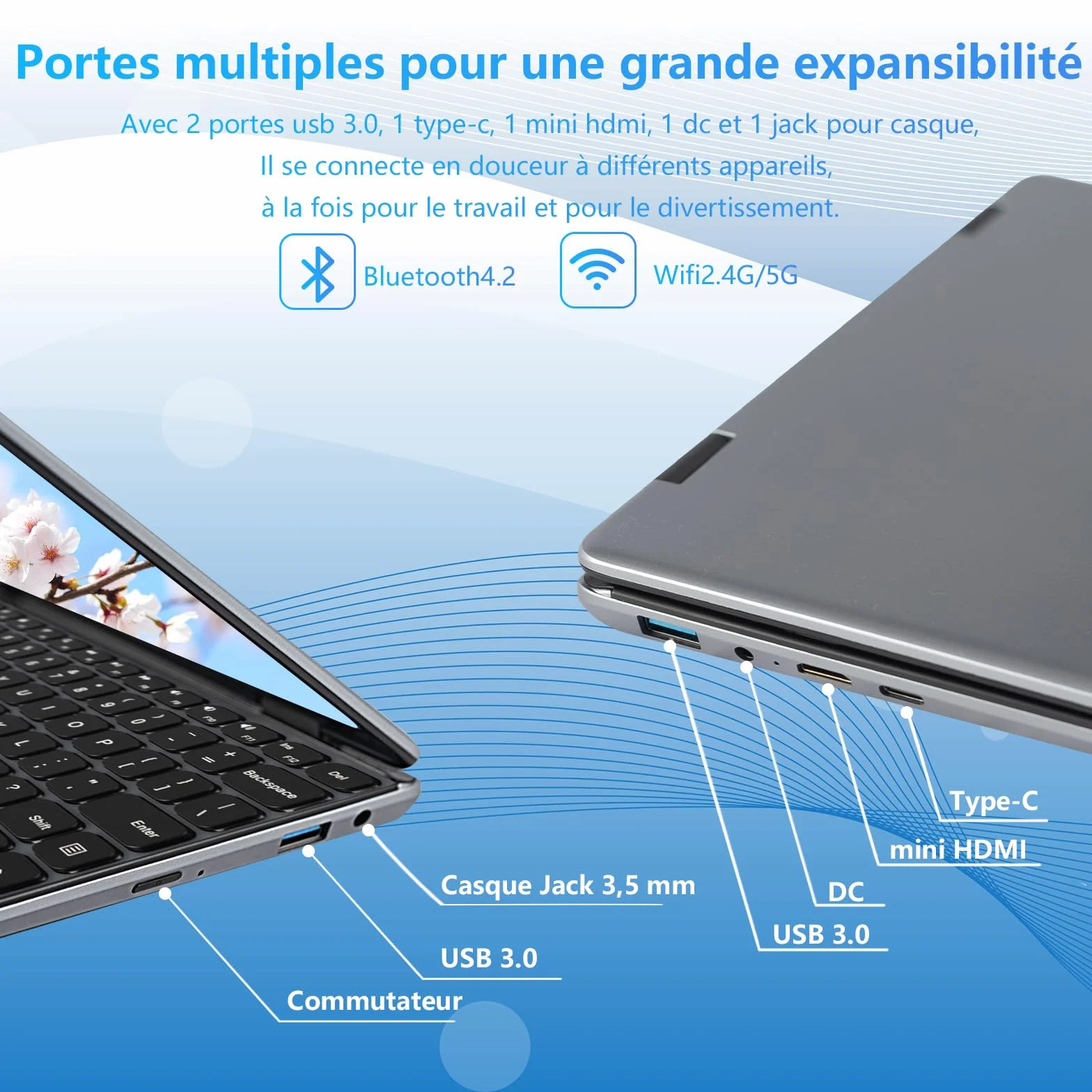 Ordinateur Portable 2-en-1 11 Pouces Tactile Celeron N100 16 Go DDR4 1920x1200 IPS Clavier Rétroéclairé Gris
