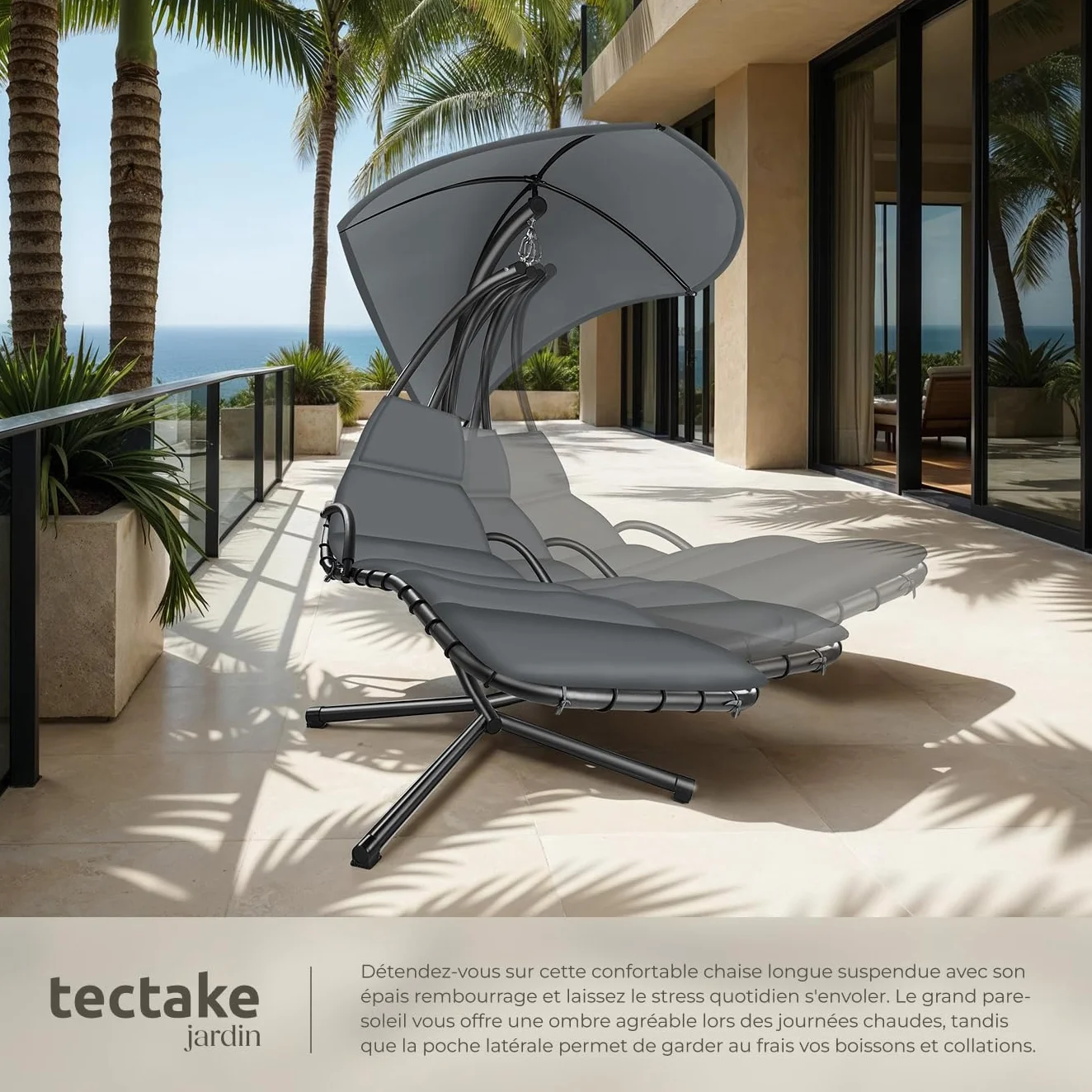 Bain de Soleil Suspendu avec Support, Parasol, Matelas, Protection UV et Poche Latérale