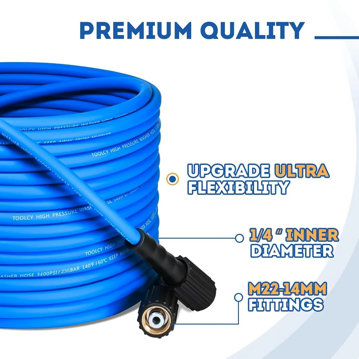 Tuyau Nettoyeur Haute Pression 1/4" 3600PSI - Tuyau Haute Pression 15M avec Raccord Rapide 5 Pièces(M22 x 3/8") pour Laveuse à Pression​, Bleu