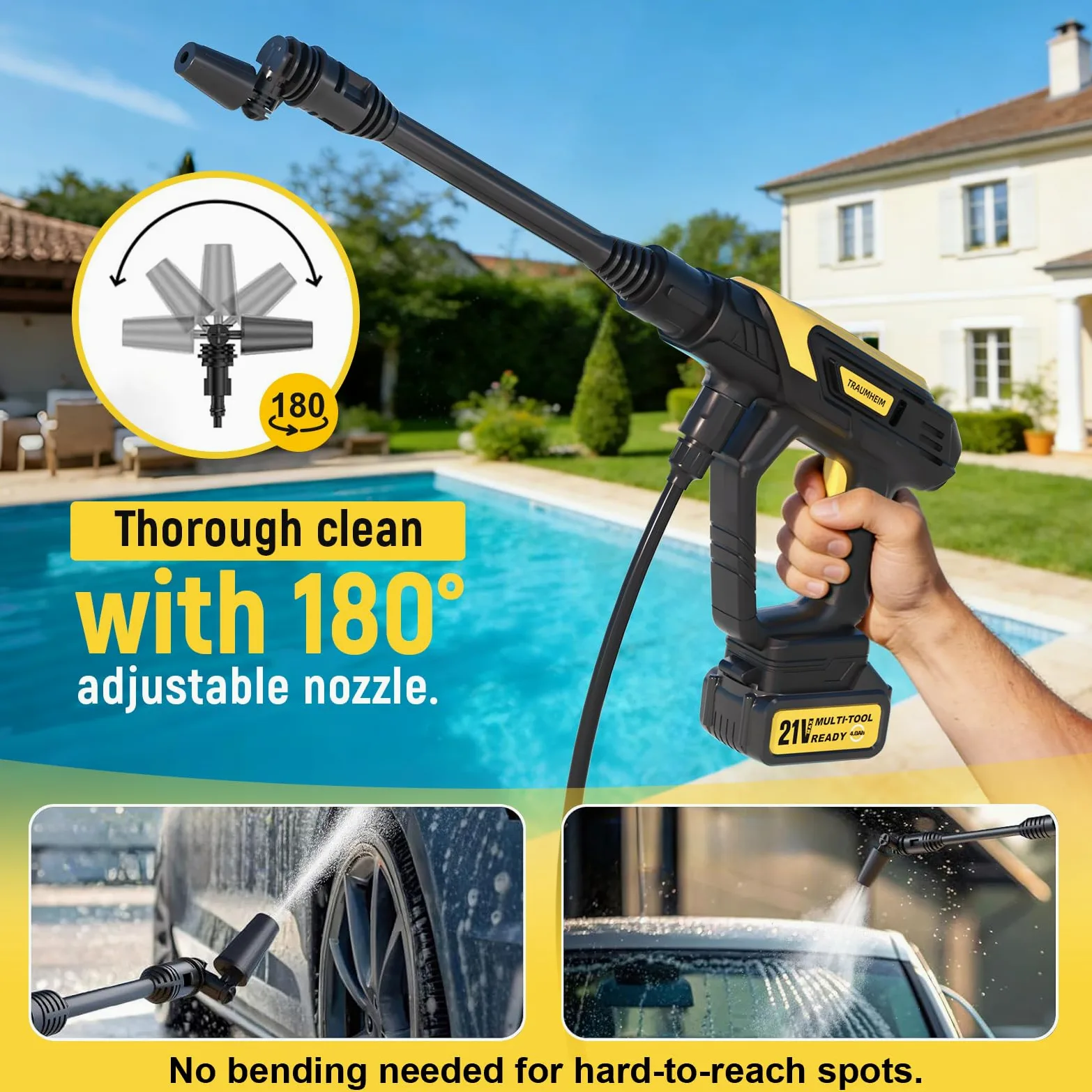 Nettoyeur Haute Pression sans Fil 21V, 68 Bar, 2x4000mAh | Moteur sans balais, buse rotative 180°/360°, buse 6 en 1, raccord pour bouteille, rallonge