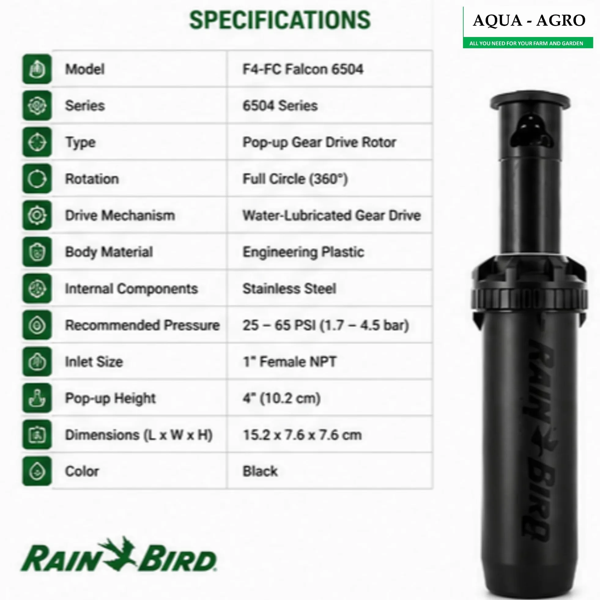 Rain Bird 902552 Falcon 6504 Series FC, Noir