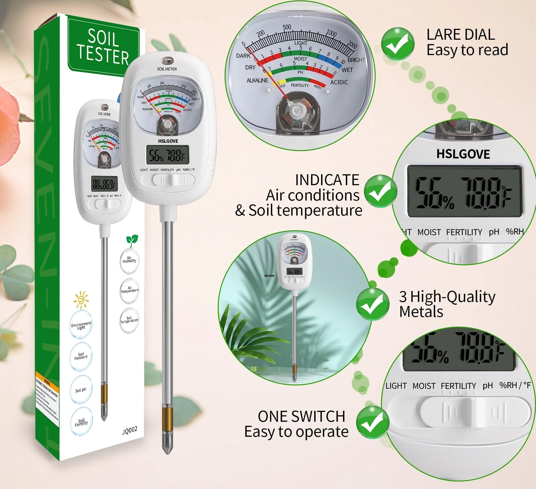 HSLGOVE Kit de test de sol, testeur d'humidité du sol 7 en 1, testeur de pH du sol, testeur de sol double écran avec température numérique du sol/température de l'air et humidité pour plantes