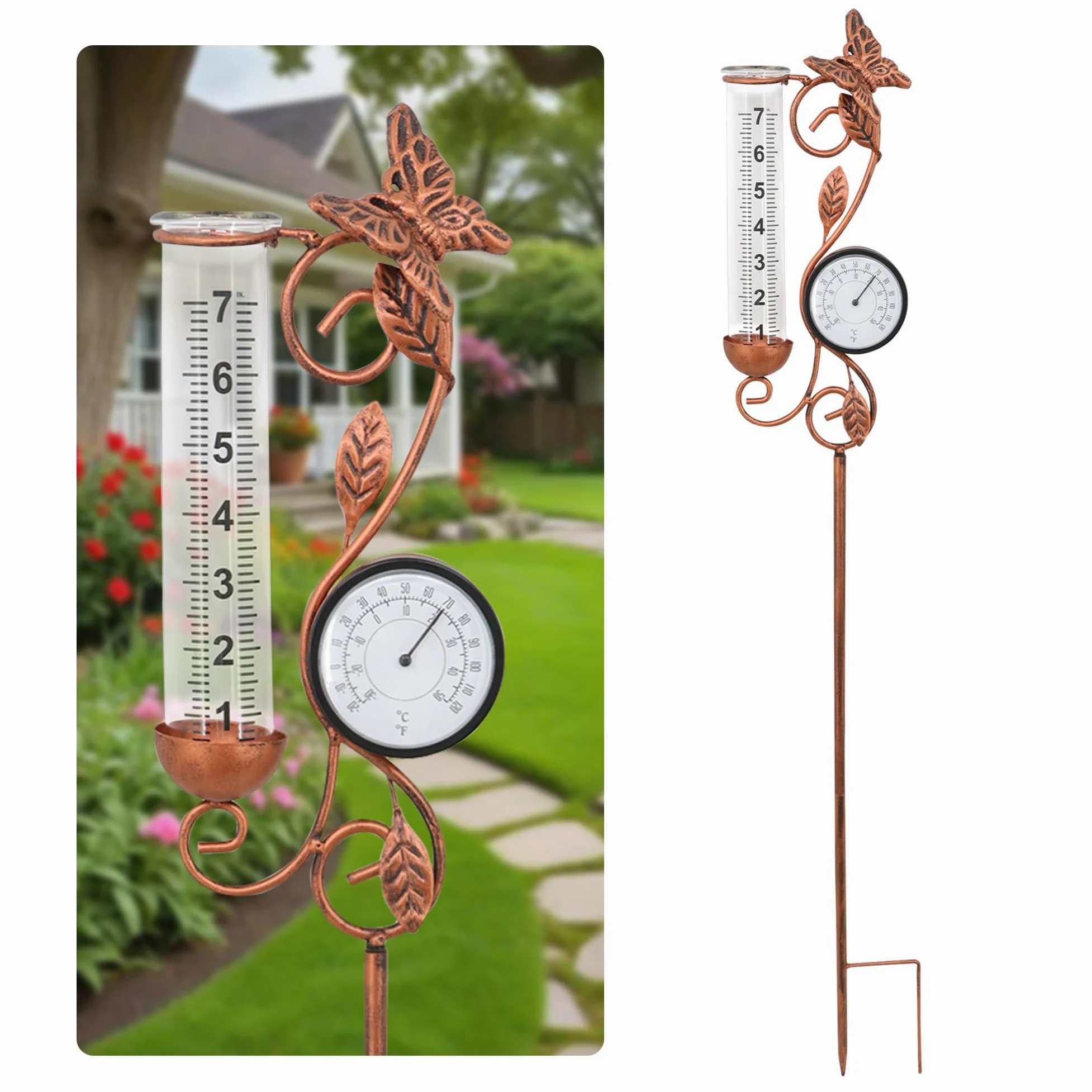 Pluviomètre papillon pour décoration de jardin, thermomètre de 81,3 cm, décoration de terrasse, 17,8 cm, tube de rechange en verre, température extérieure