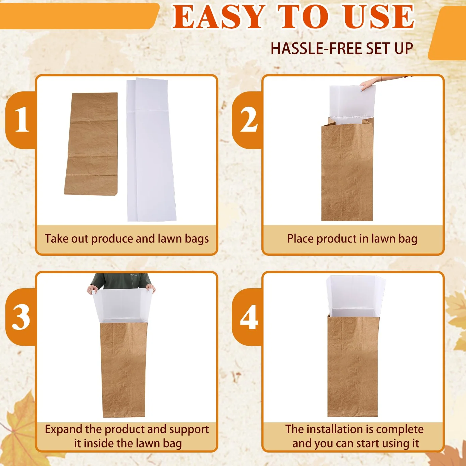 Tioncy Lot de 2 sacs en papier réutilisables pour pelouse et feuilles - Pas de pliage nécessaire pour ramasser les feuilles, balayer et ramasser les débris de jardin