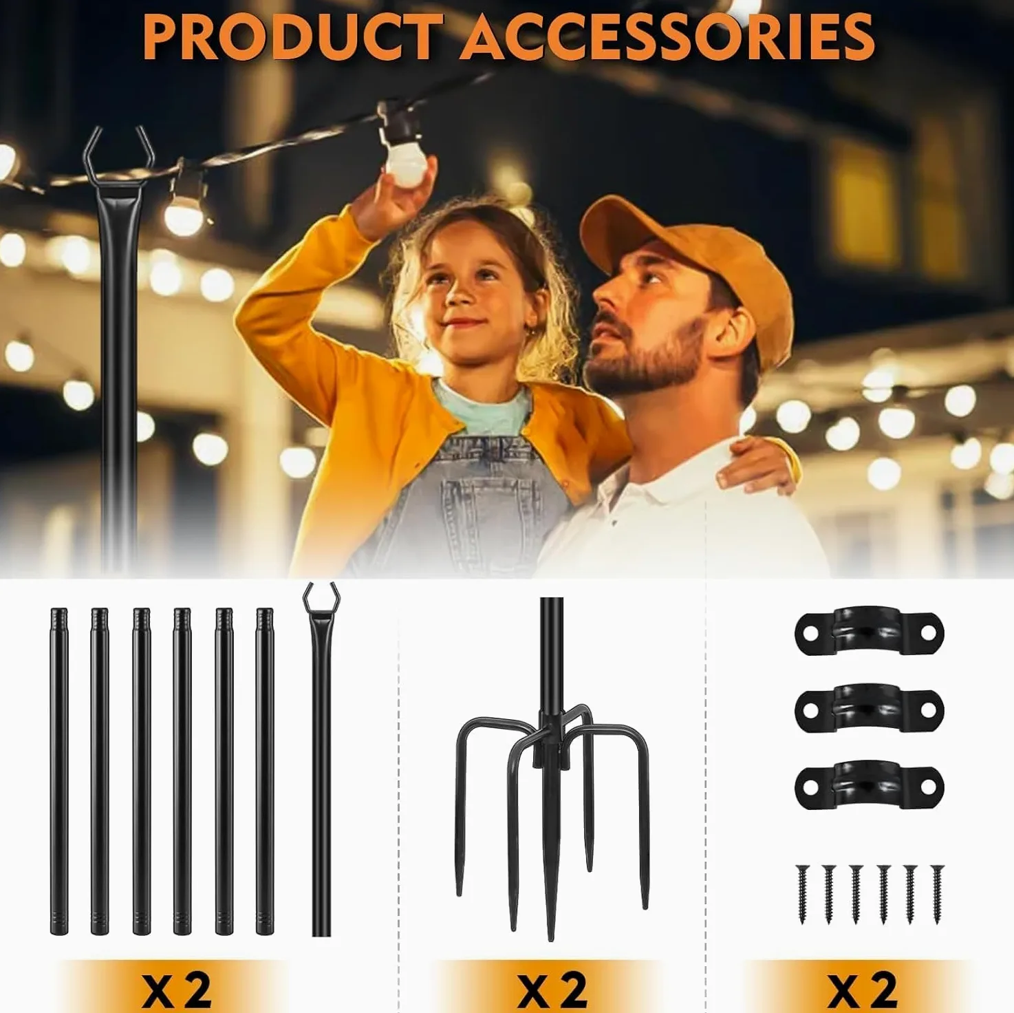 HoldOneLight Poteau pour guirlande lumineuse pour terrasse - Lot de 2 unités - 2,99 m en acier résistant - Support pour suspendre des lumières extérieures, jardin, cour, arrière, idéal pour fêtes