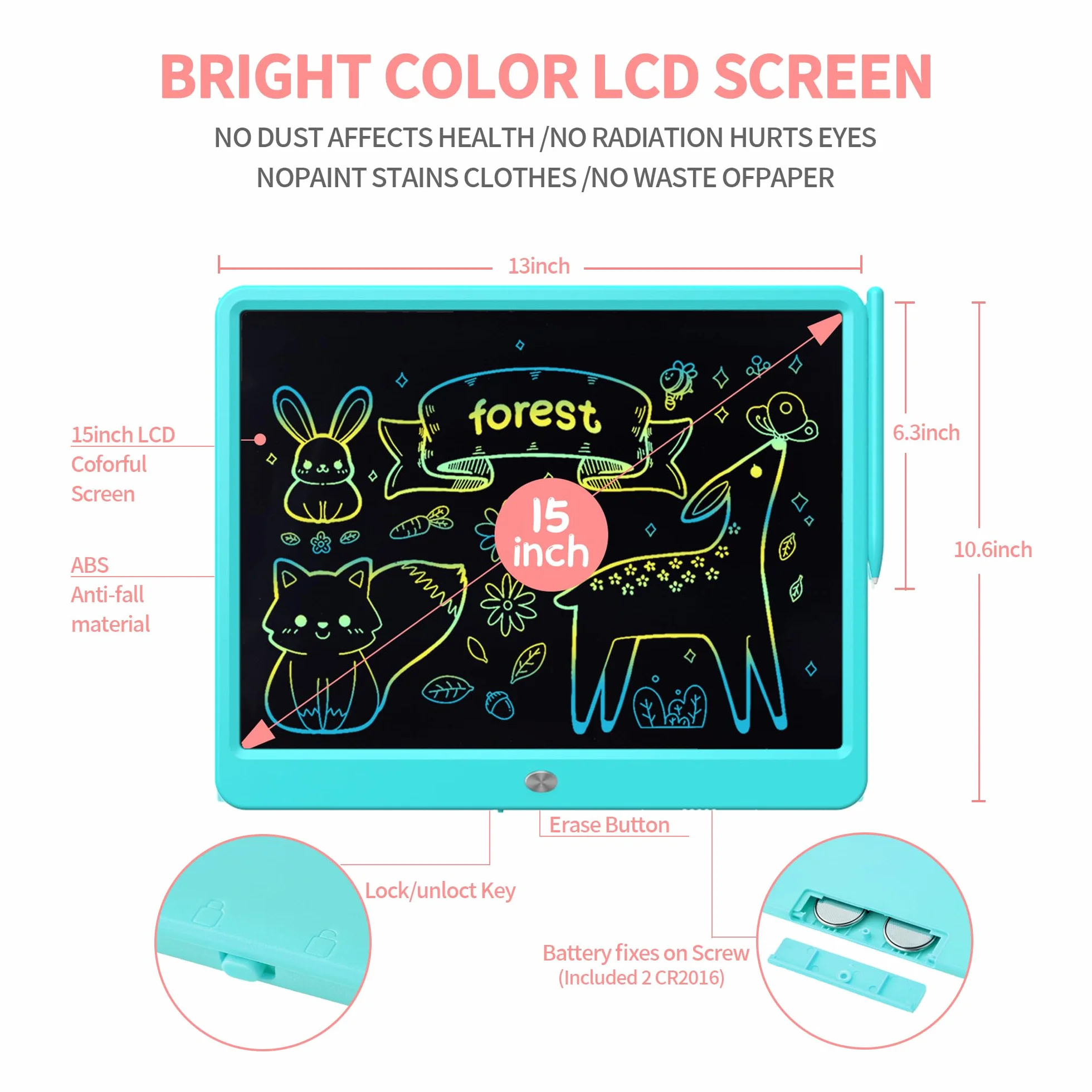 Tablette D'écriture LCD 15 Pouces Colorée pour Enfants, Jouets Filles Garçons, Cadeau Effaçable Réutilisable