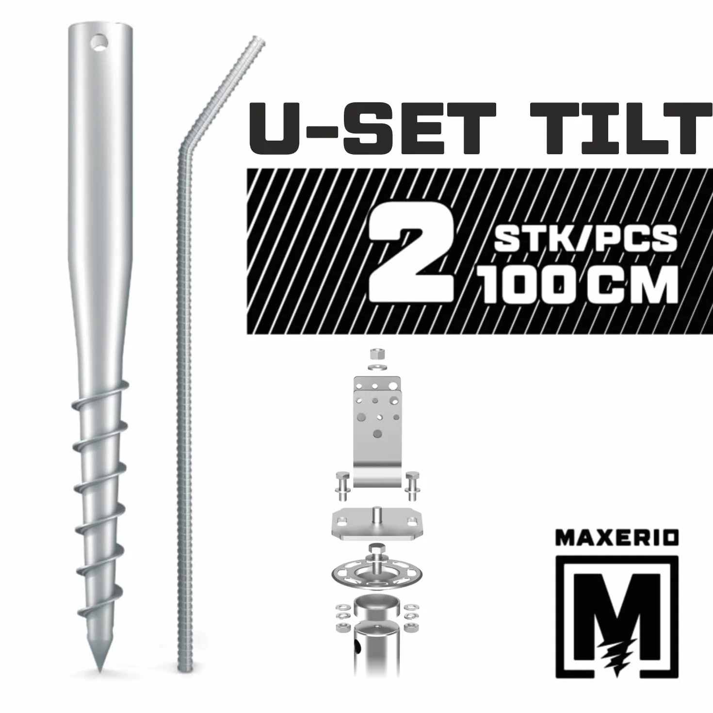 Lot de 2 fondations à vis TILT 100 cm support poteau 8 cm angle en U galvanisé à chaud diamètre 60 x 2 mm M12