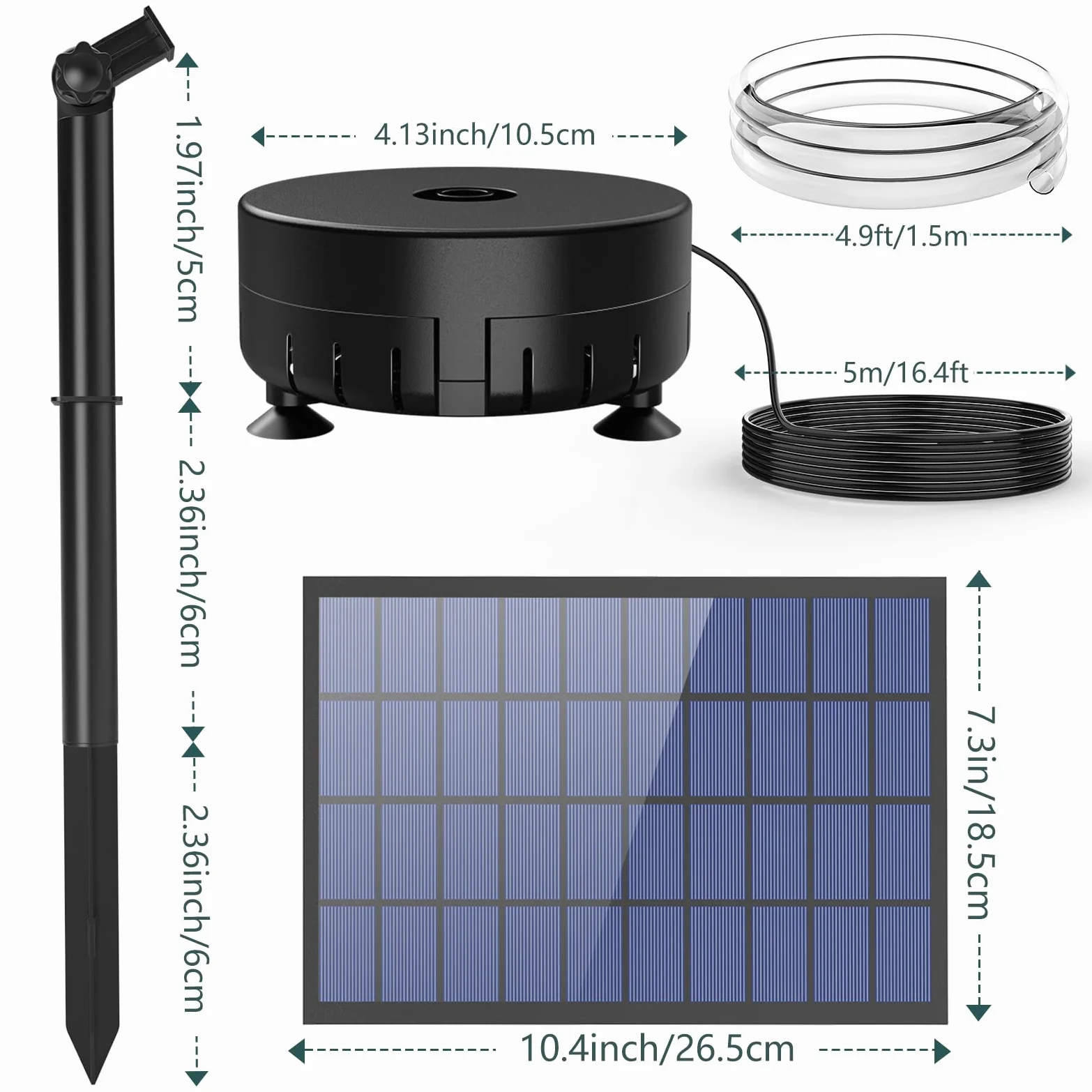 AMZtime Fontaine Solaire 7W pour Bain d'oiseaux avec 15 Buses de Bricolage Tuyau d'eau et Piquet pour Jardin, étang, Piscine, Extérieur | Avec tuyau d'eau et piquet pour jardin étang piscine et extérieur. Pompe solaire DIY polyvalente et écologique.