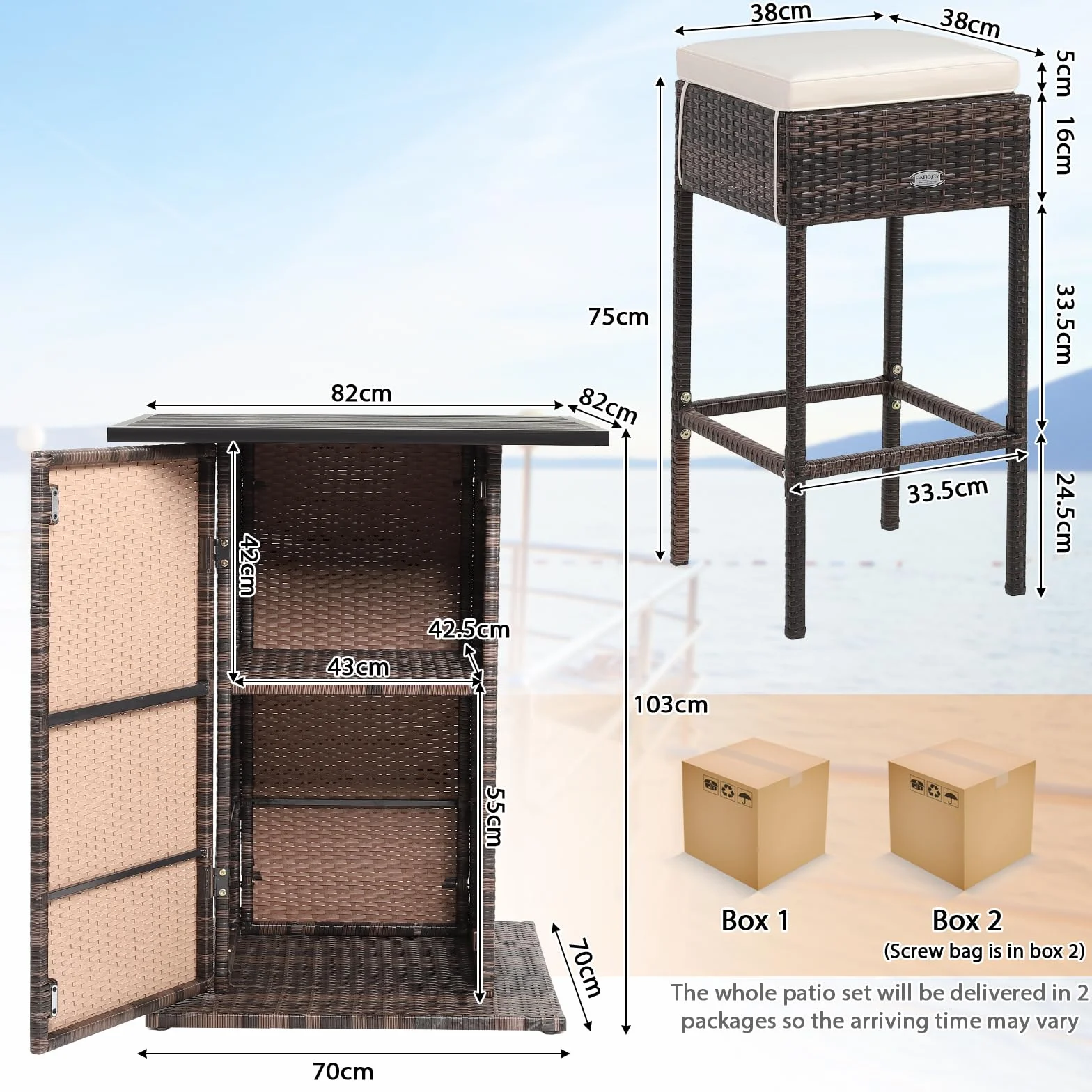 GIANTEX Ensemble de bar extérieur en rotin 5 pièces, table et 4 tabourets hauts avec coussins amovibles