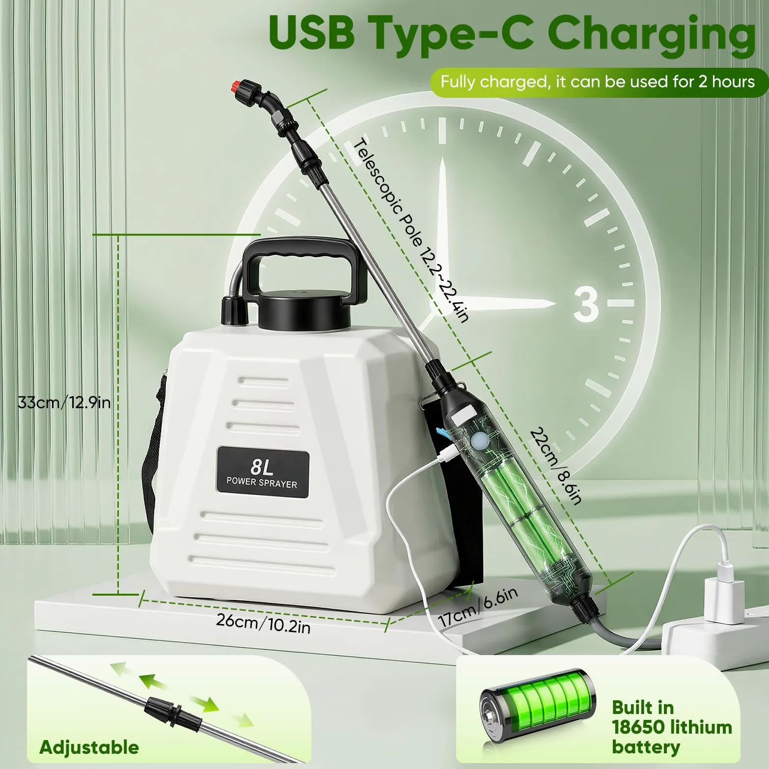 Pulvérisateur électrique 8L avec Batterie USB-C, 3 Buses, Lance télescopique, bandoulière, pour arrosage Jardin & désherbage