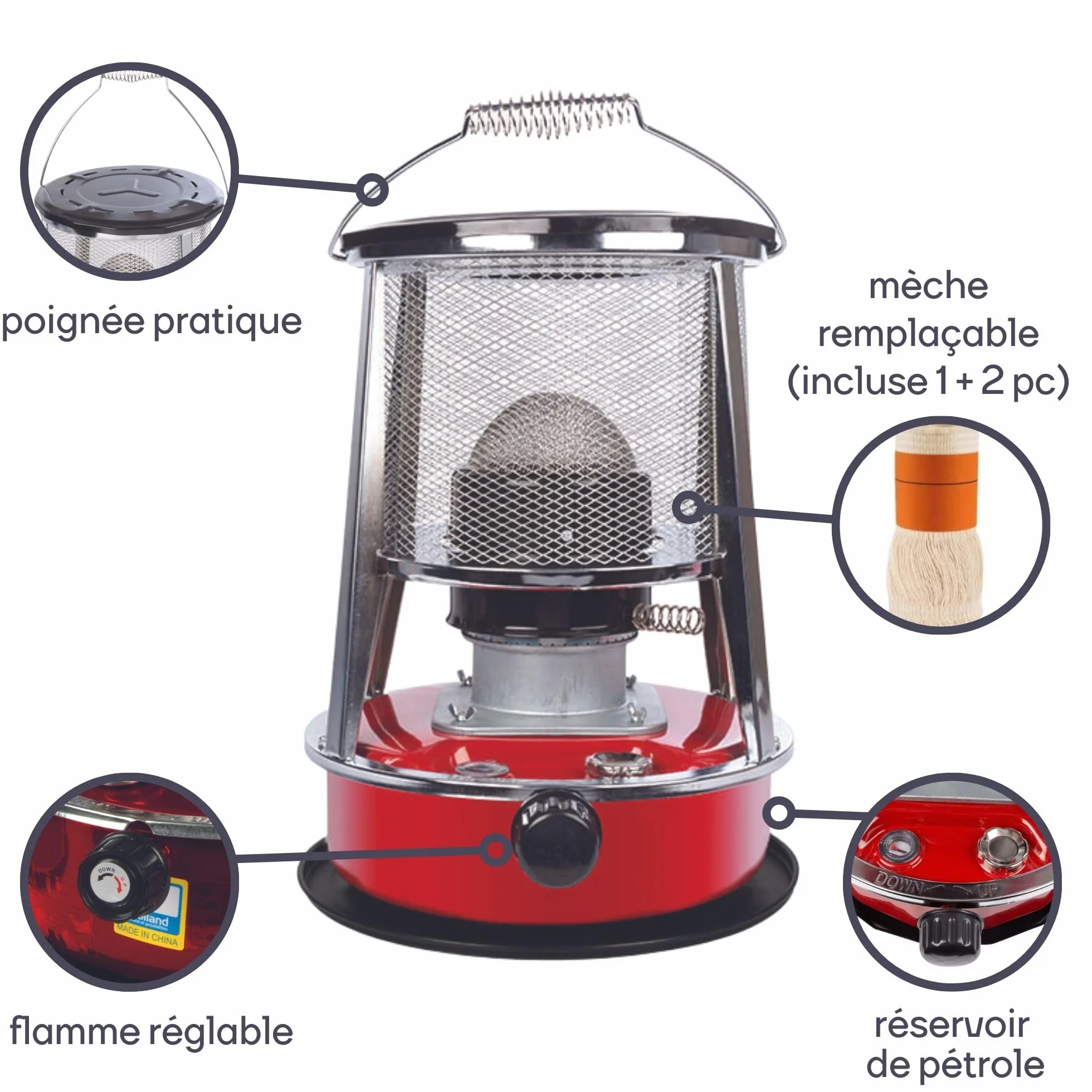 Chauffage à pétrole portable 2600W avec mèche + 2 rechanges, poêle extérieur camping tente 4,6L 18h
