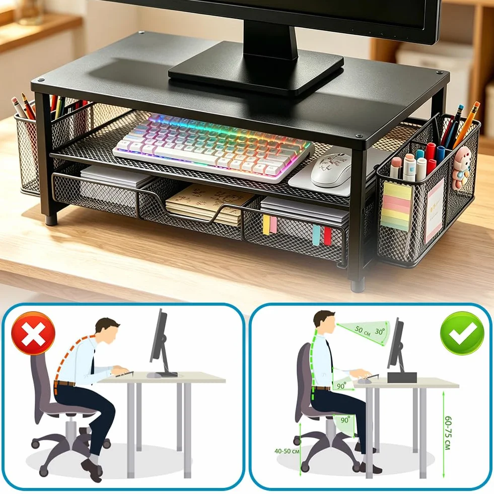 Support Écran de Bureau avec Tiroir et Double Porte-Stylos, Rehausseur Ergonomique pour Moniteur et Ordinateur Portable