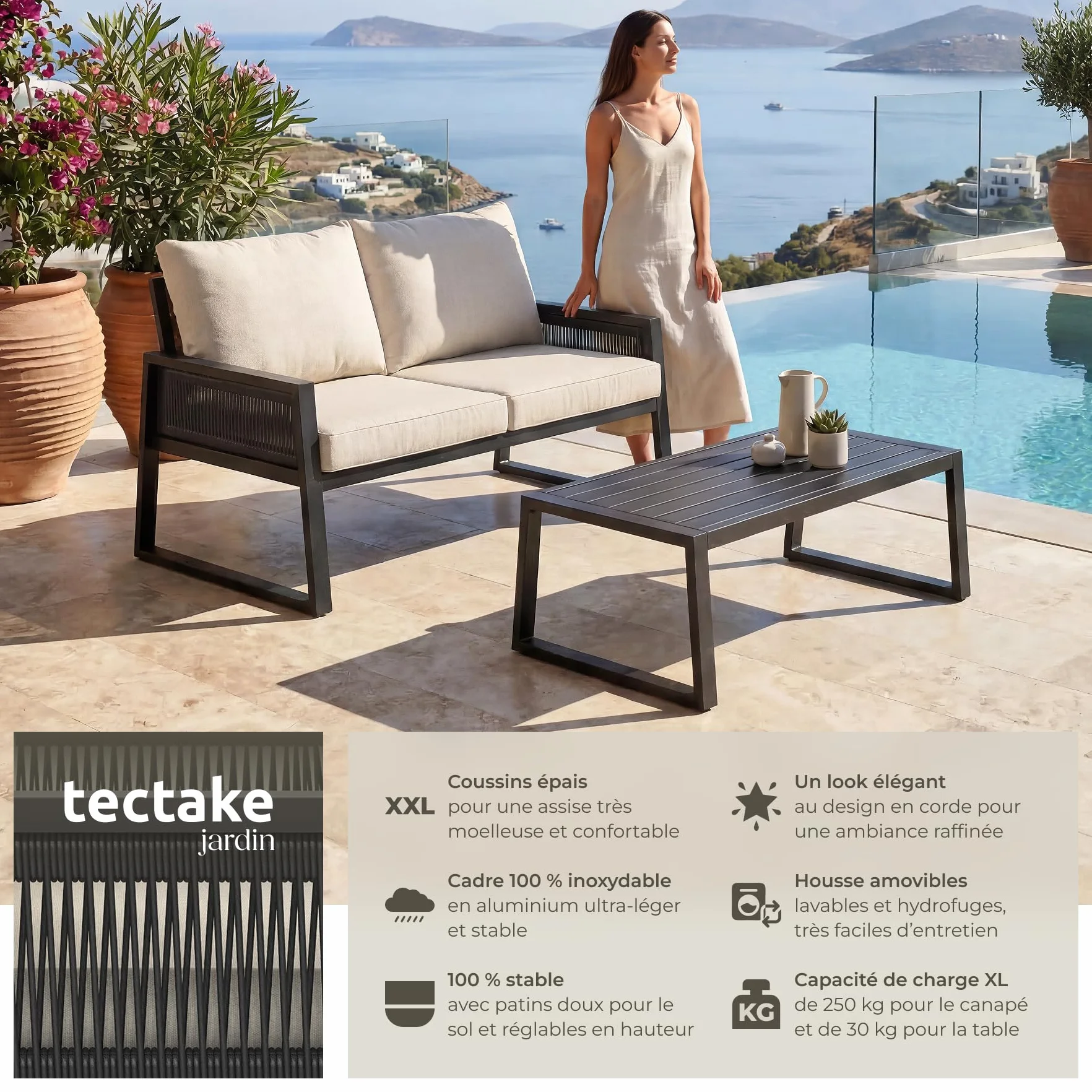 Tectake Salon de Jardin Canapé 2 Places Banquette Table Basse Coussins Inclus Cadre Aluminium laqué époxy Mobilier Exterieur