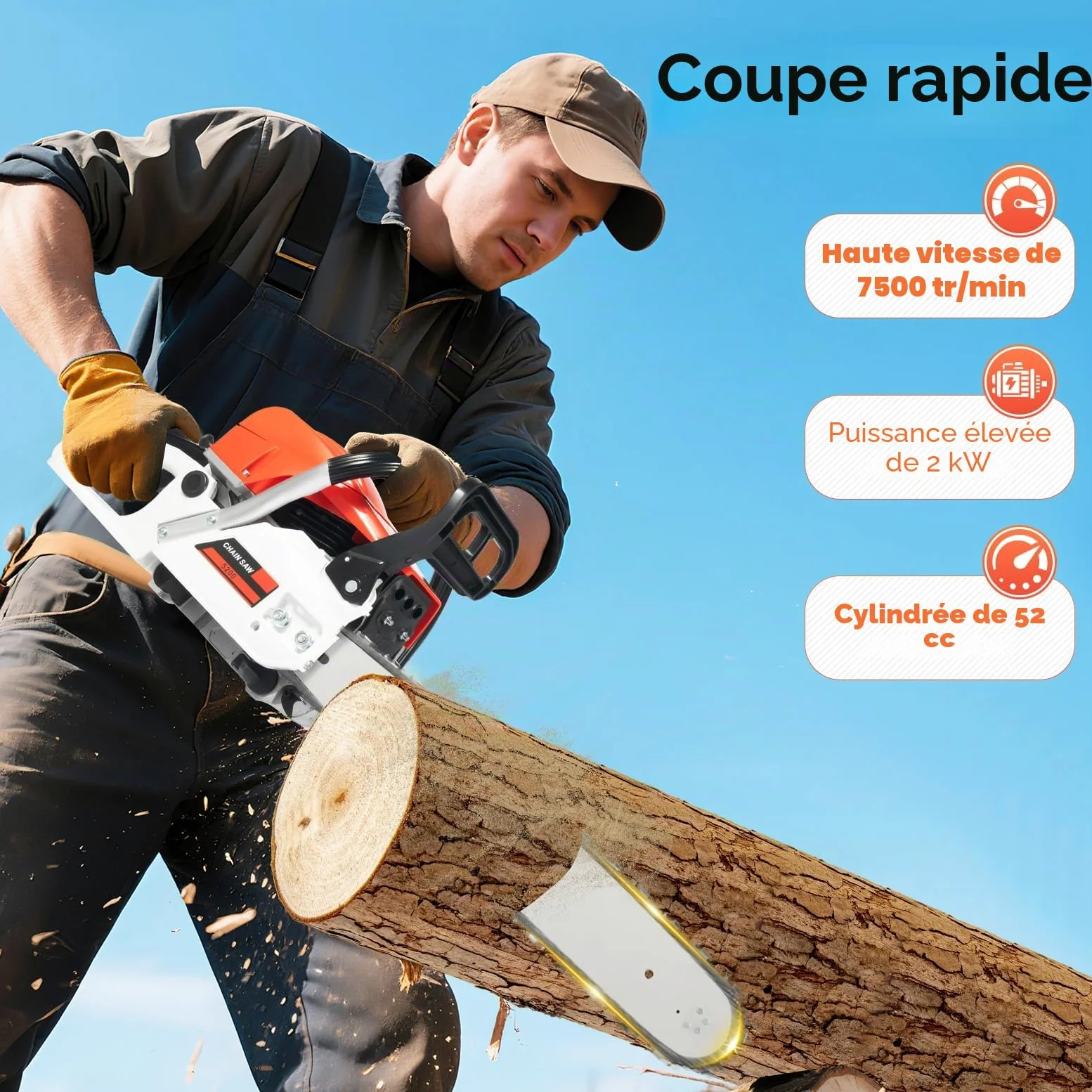 Tronçonneuse Thermique 52cc, moteur 2 temps, 2.0kw Monocylindre | Longueur de la lame de scie 51 cm, refroidi par air,Scie à chaîne à essence pour Coupe de Bois