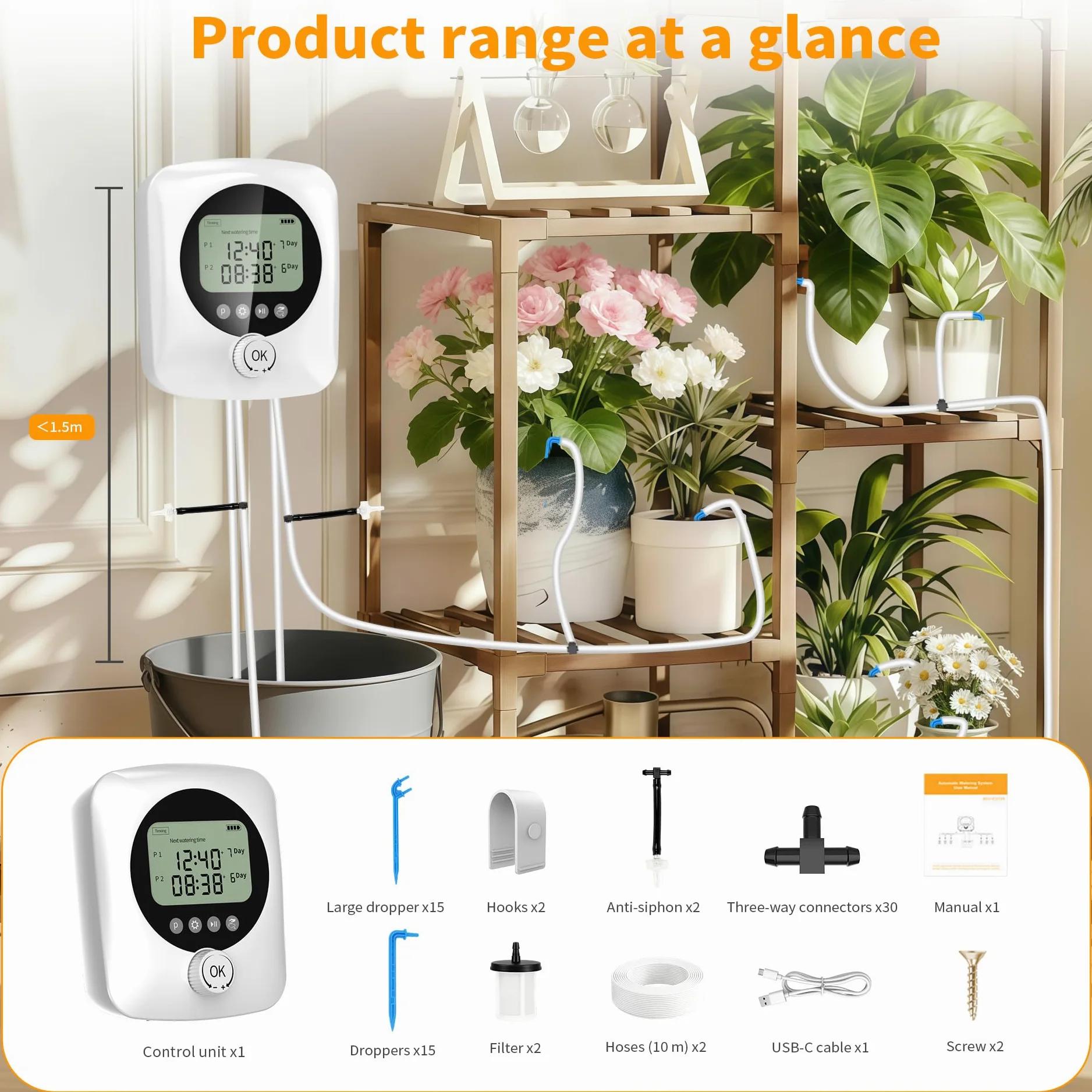 Arrosage Automatique Double Pompe Kit Goutte à Goutte Rechargeable USB-C 4400mAh, Programmateur avec Minuterie Réglable, Débit 800ML/Min, 20m Tuyau + 30 Goutteurs pour Jardin Balcon