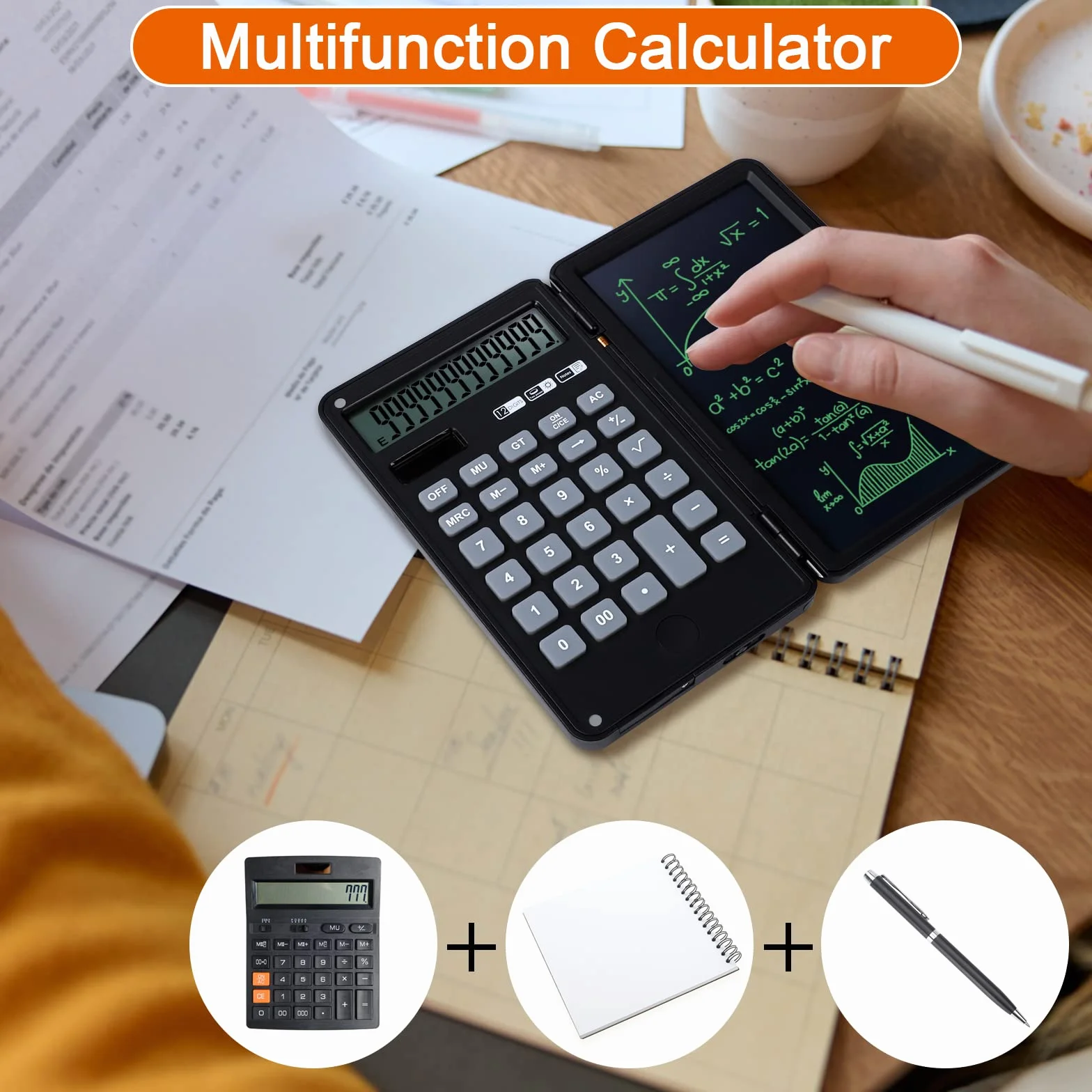 Tablette d'écriture LCD Effaçable Calculatrice Bureau 12 Chiffres Solaire Batterie Double Alimentation Poche Noir